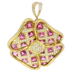 Estate 18K Diamond Clover Pendent Brooch and Pink Tourmaline ~6.15CTW Modern