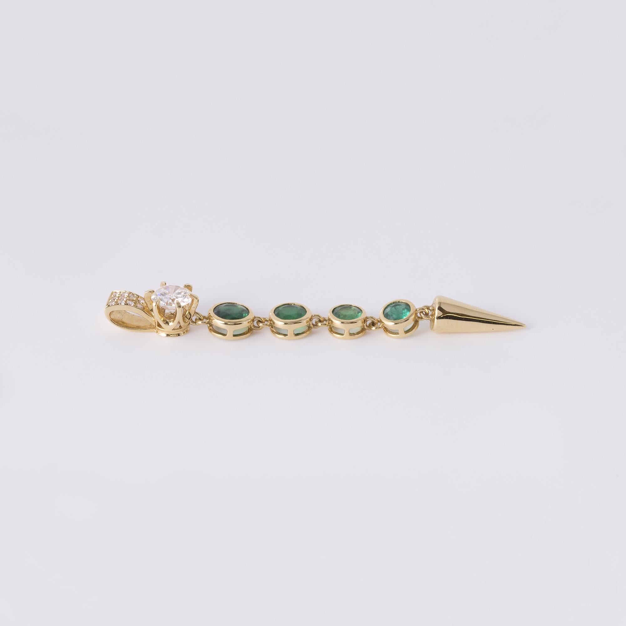 Round Cut Estate 18K Colombian Emerald and Diamond Drop Pendant For Sale