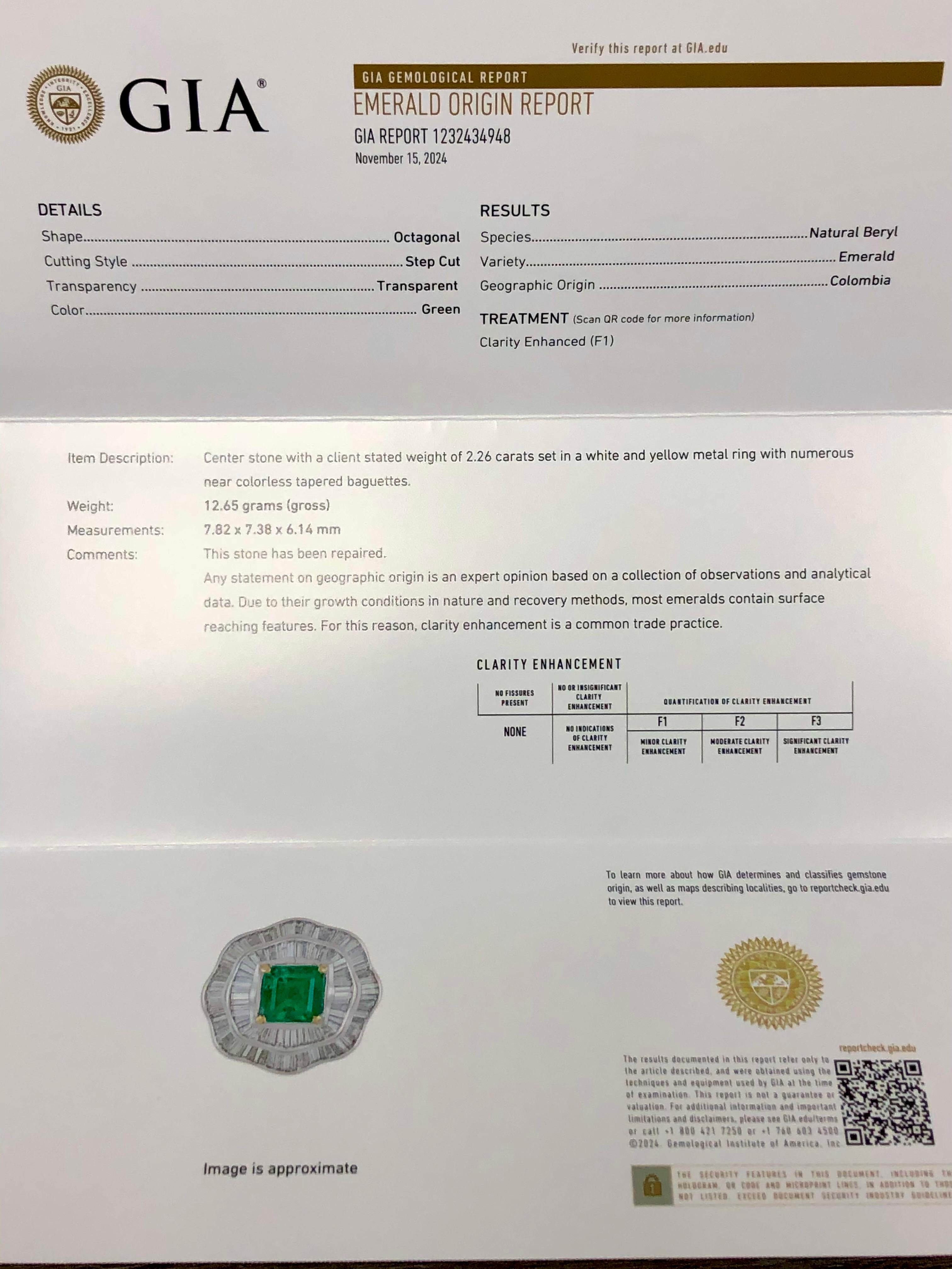 Women's or Men's Estate 18K Colombian Emerald Baguette Diamond Cocktail Ballerina Ring GIA 7cttw