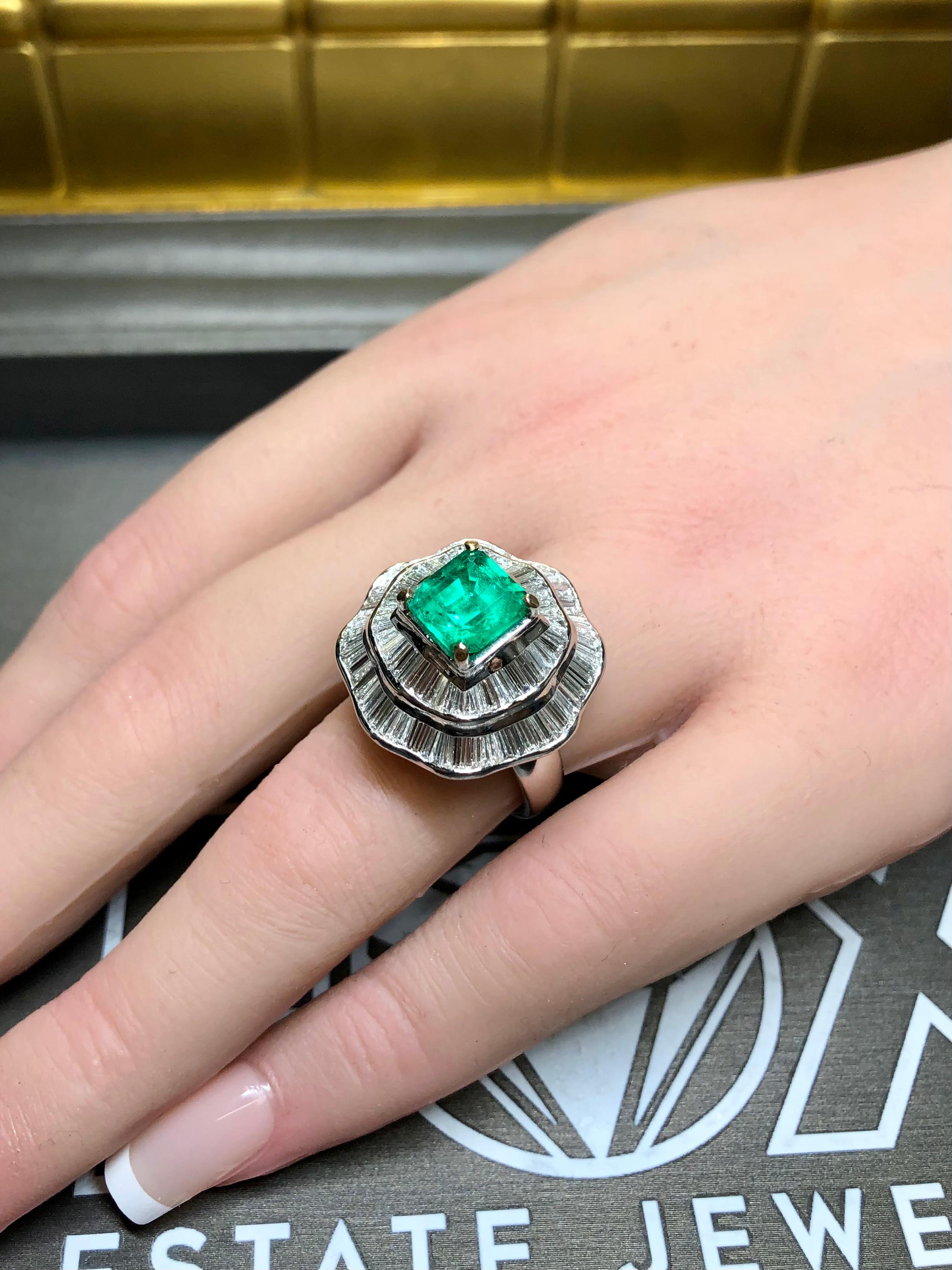 Estate 18K Colombian Emerald Baguette Diamond Cocktail Ballerina Ring GIA 7cttw 1
