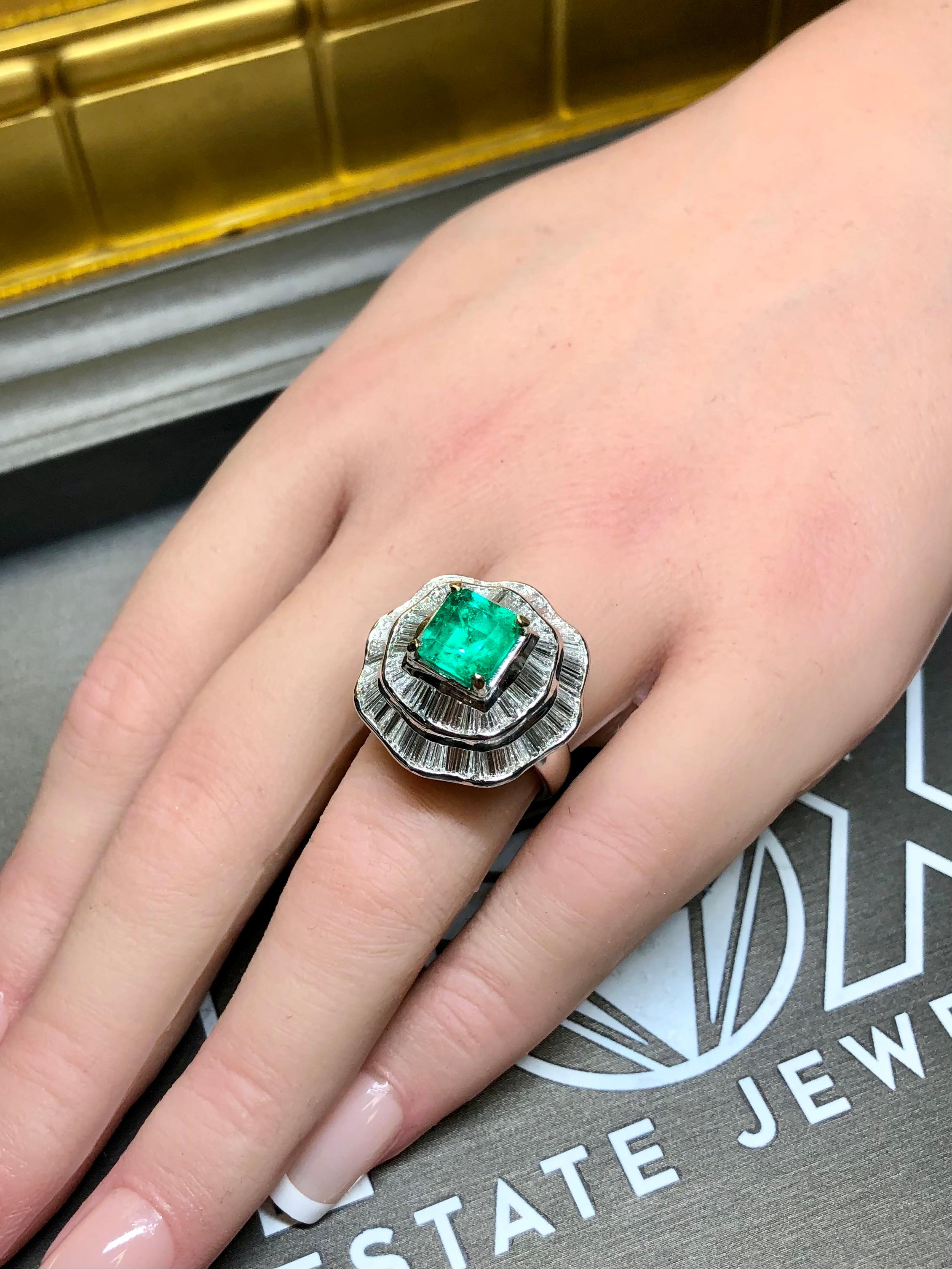 Estate 18K Colombian Emerald Baguette Diamond Cocktail Ballerina Ring GIA 7cttw 2
