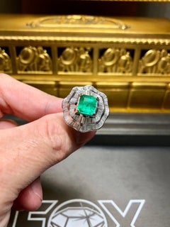 Estate 18K Colombian Emerald Baguette Diamond Cocktail Ballerina Ring GIA 7cttw