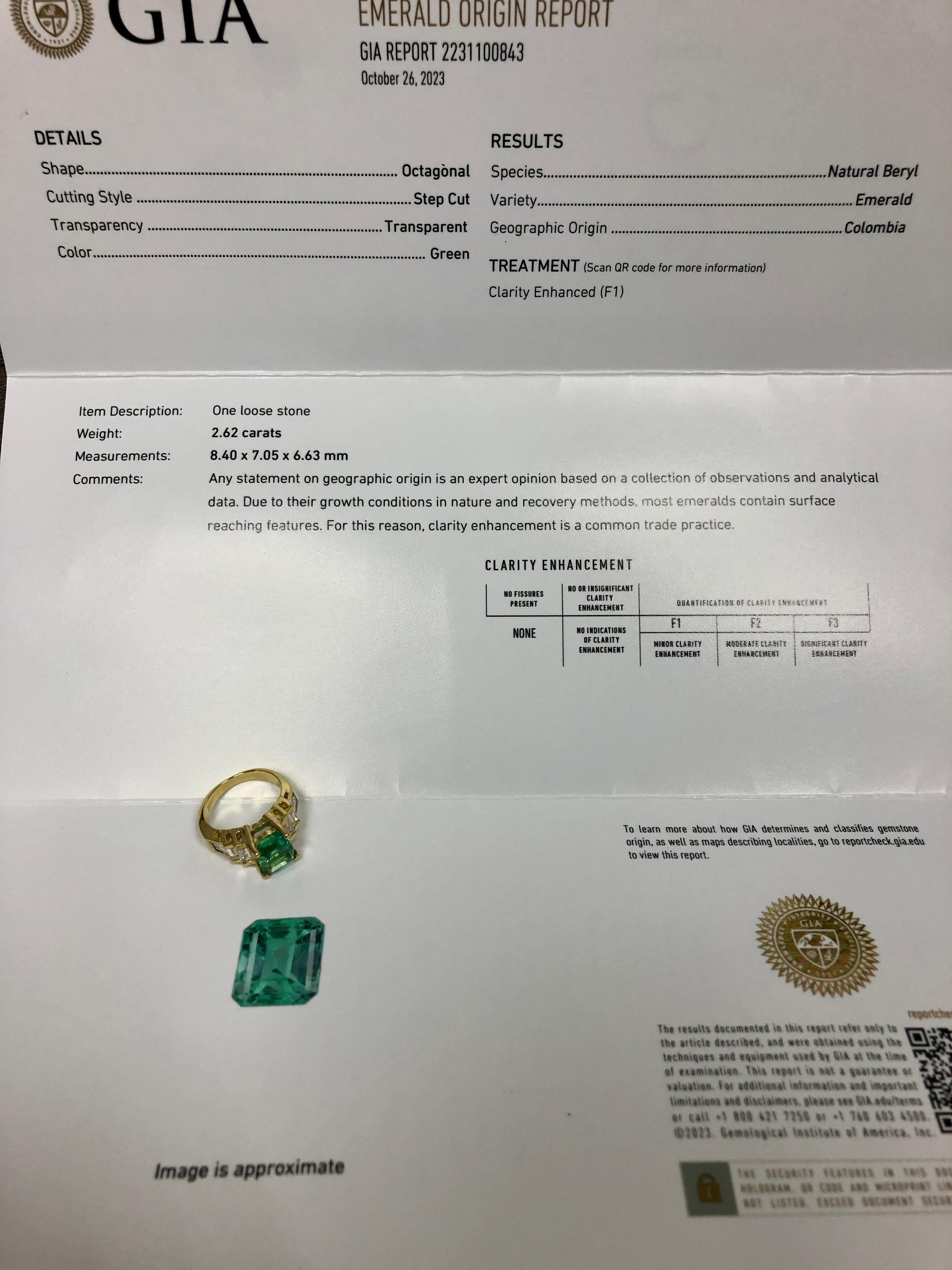 Estate 18K COLOMBIAN Emerald Baguette Diamond Ring GIA F1 2.62ct Sz 4.75 For Sale 4