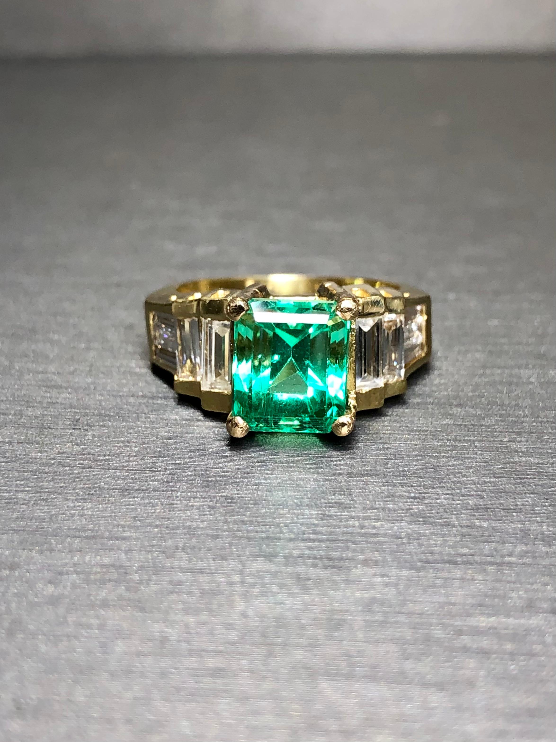Emerald Cut Estate 18K COLOMBIAN Emerald Baguette Diamond Ring GIA F1 2.62ct Sz 4.75 For Sale