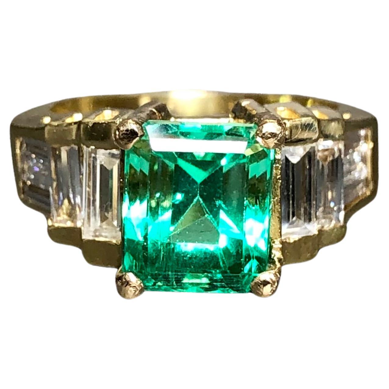 Estate 18K COLOMBIAN Emerald Baguette Diamond Ring GIA F1 2.62ct Sz 4.75 For Sale