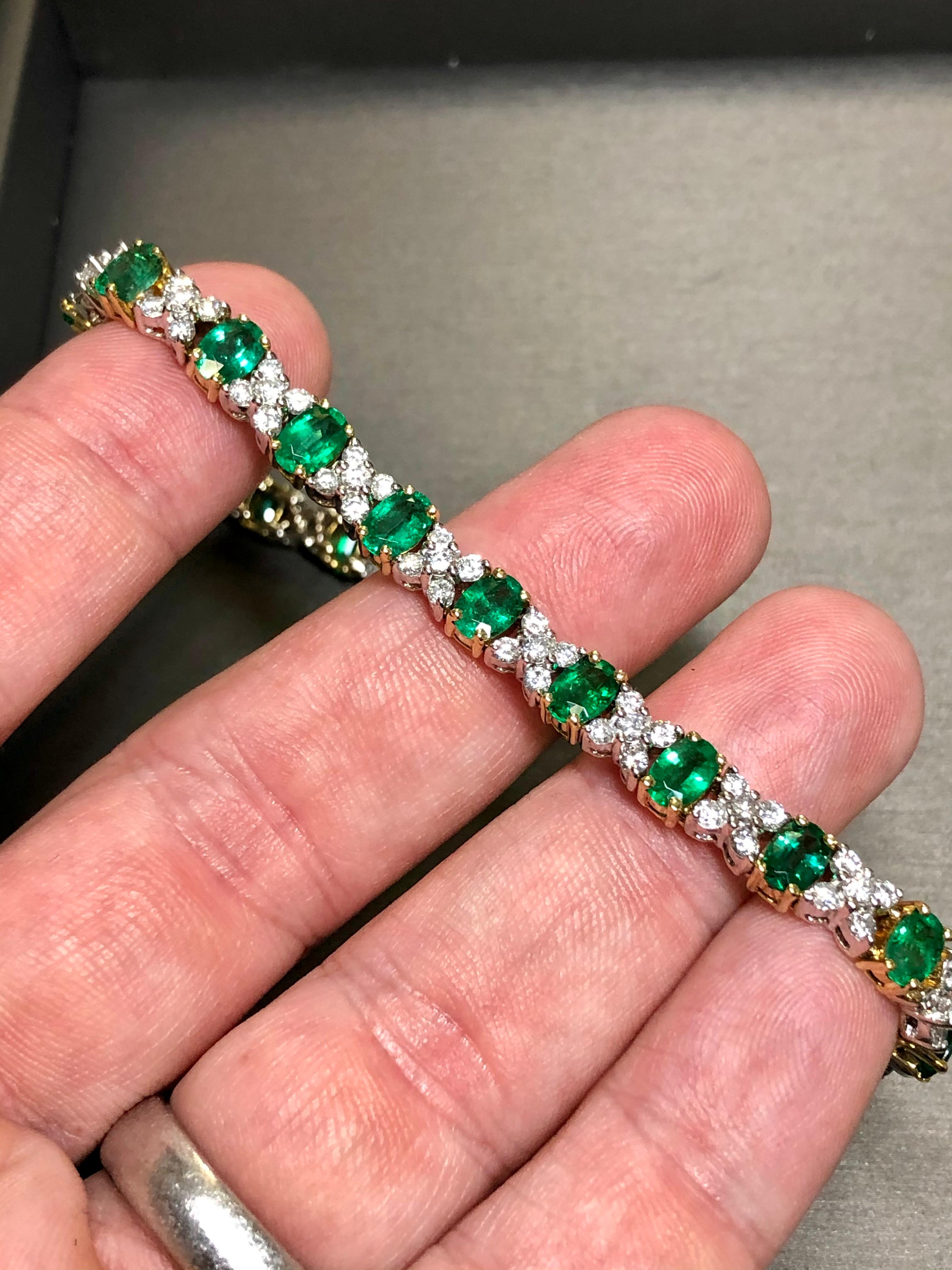 Oval Cut Estate 18K Colombian Emerald Diamond Cocktail Bracelet 7”
