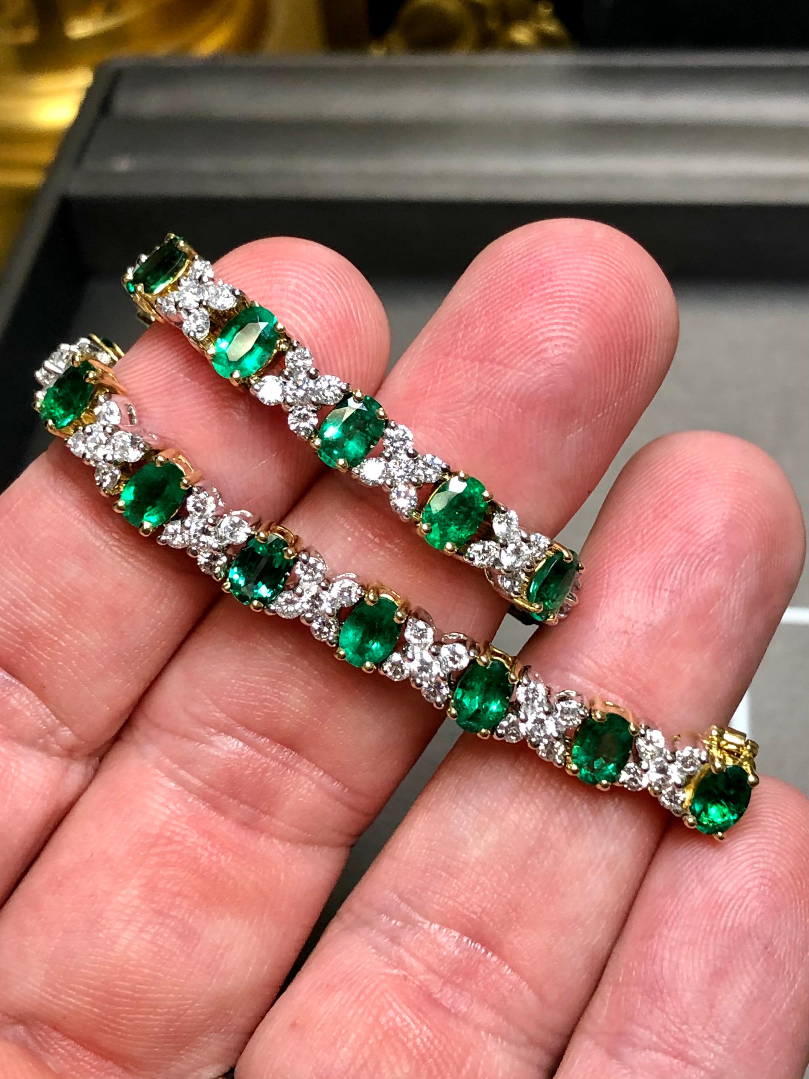 Estate 18K Colombian Emerald Diamond Cocktail Bracelet 7” In Good Condition In Winter Springs, FL
