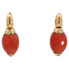 Estate 18K Coral Drop Earrings by Angeletti Roma Diamond Accents Yellow Gold