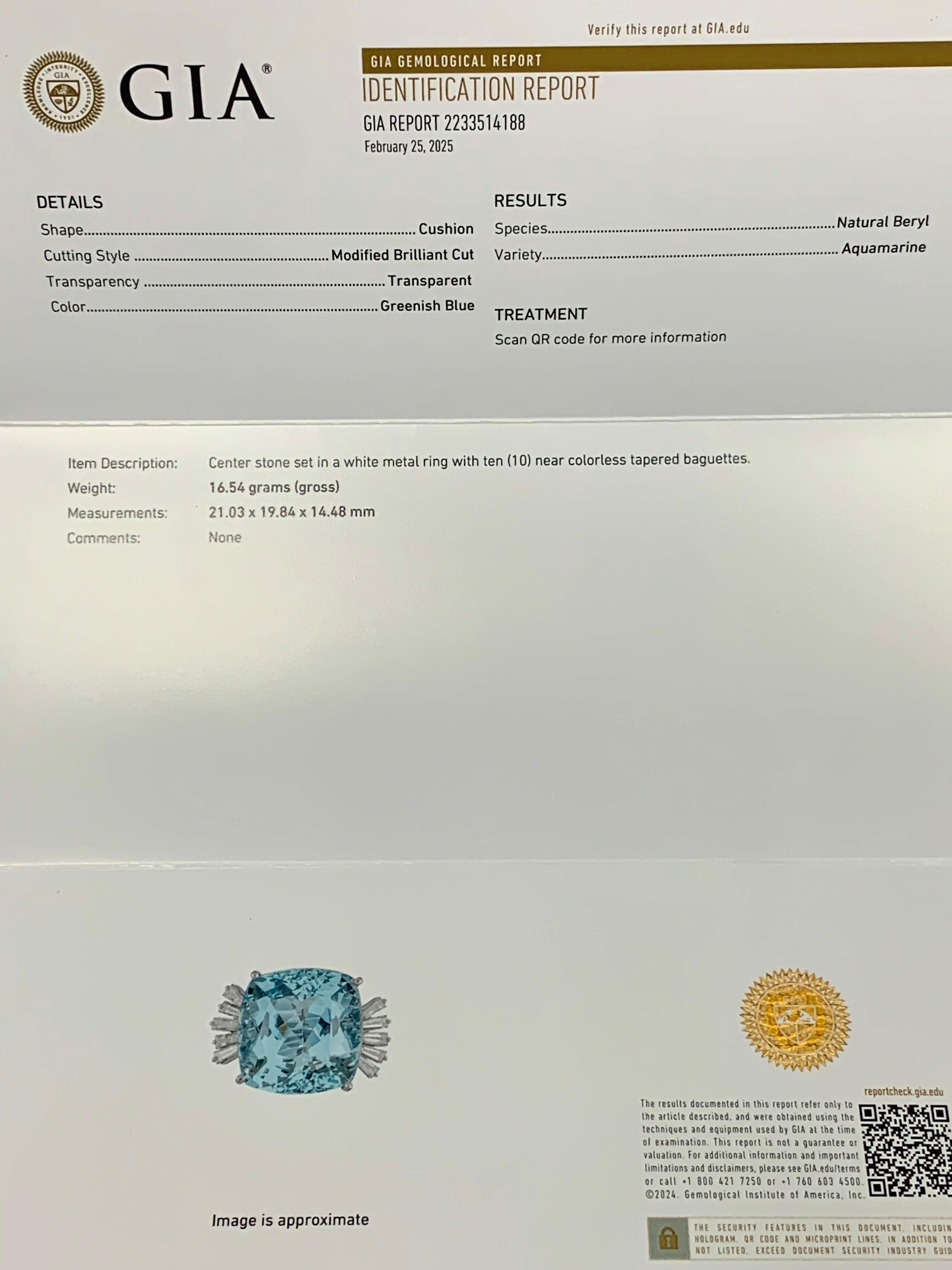 Estate 18K Cushion Aquamarine Baguette Diamond Large Cocktail Ring GIA 46.20ctw 10