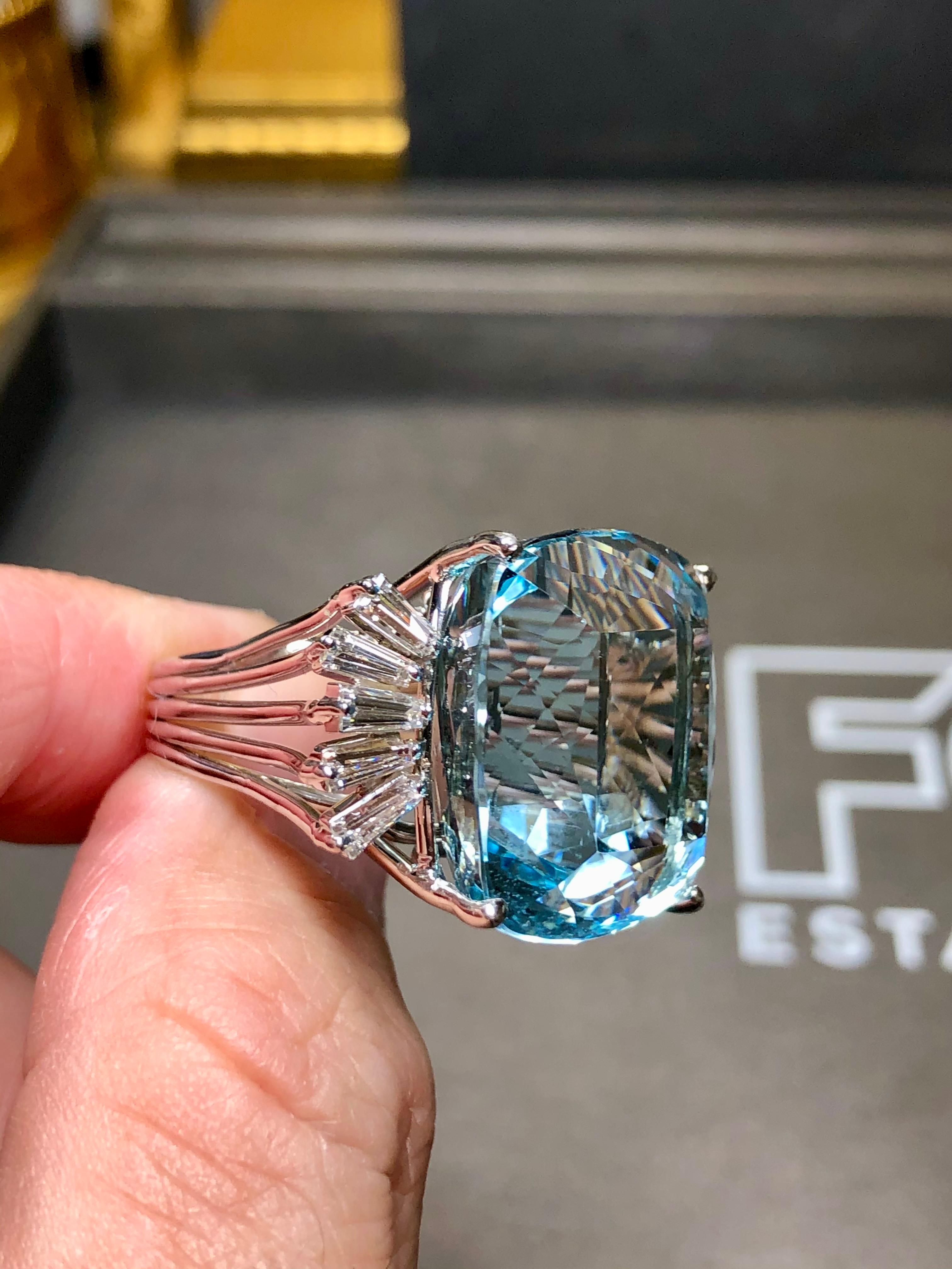 Estate 18K Cushion Aquamarine Baguette Diamond Large Cocktail Ring GIA 46.20ctw 4