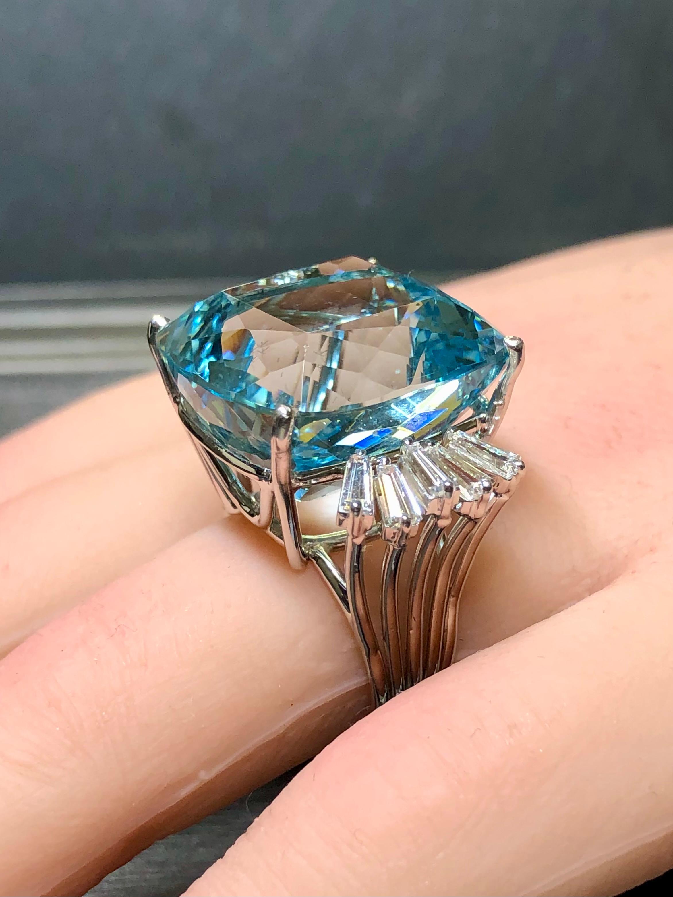 Estate 18K Cushion Aquamarine Baguette Diamond Large Cocktail Ring GIA 46.20ctw 5
