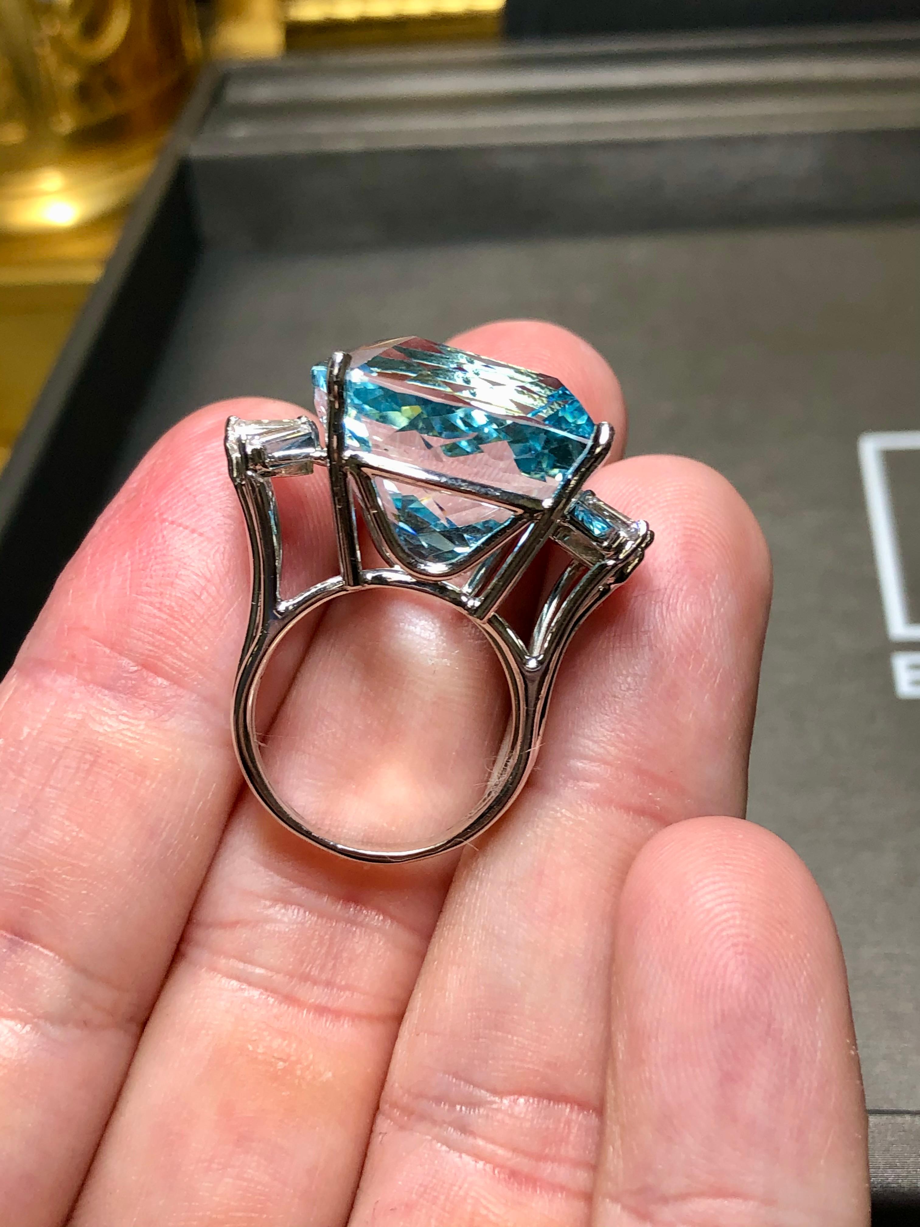 Estate 18K Cushion Aquamarine Baguette Diamond Large Cocktail Ring GIA 46.20ctw 6