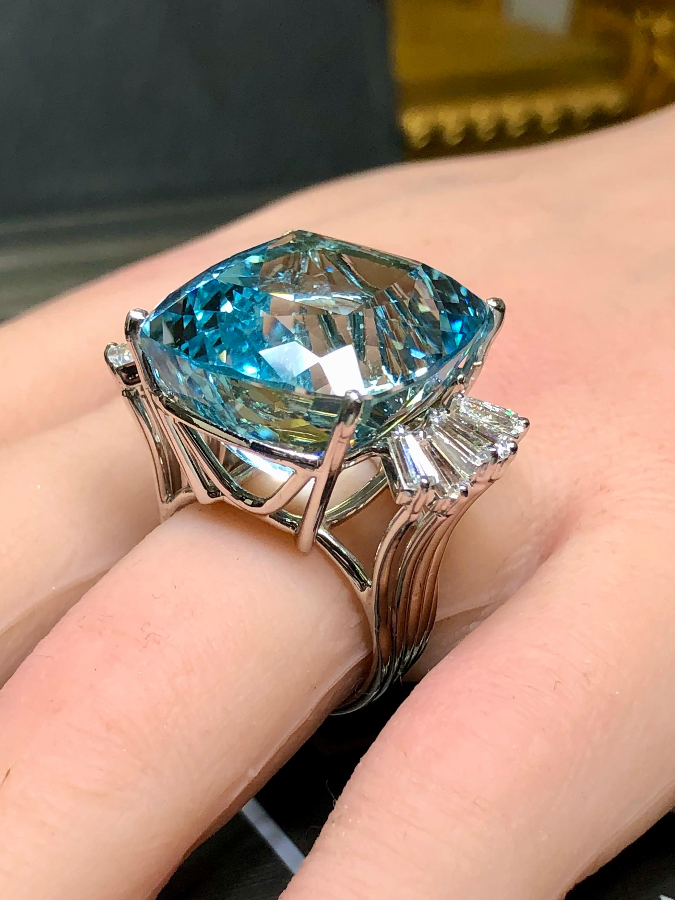 Estate 18K Cushion Aquamarine Baguette Diamond Large Cocktail Ring GIA 46.20ctw 7