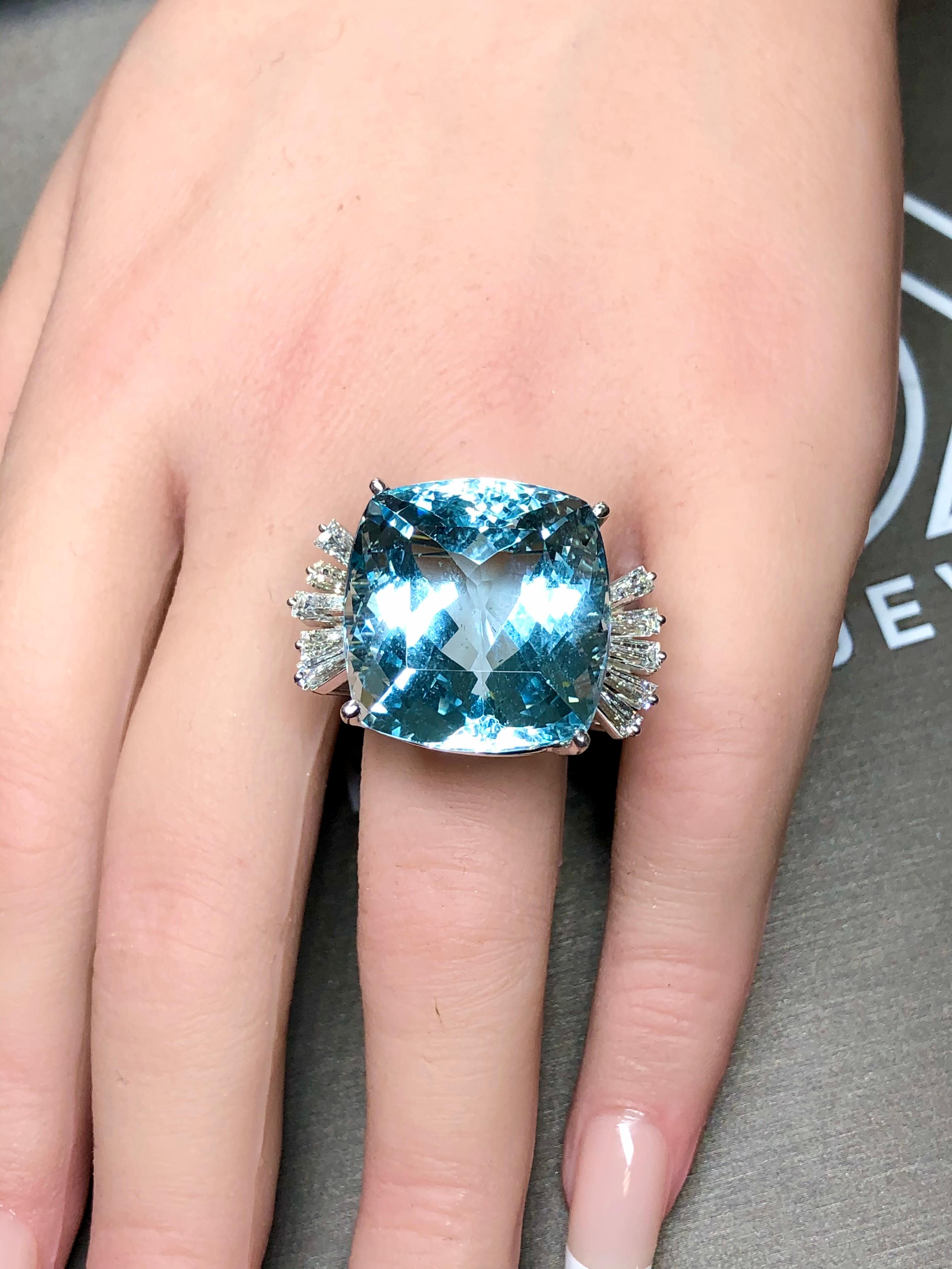 Estate 18K Cushion Aquamarine Baguette Diamond Large Cocktail Ring GIA 46.20ctw 8