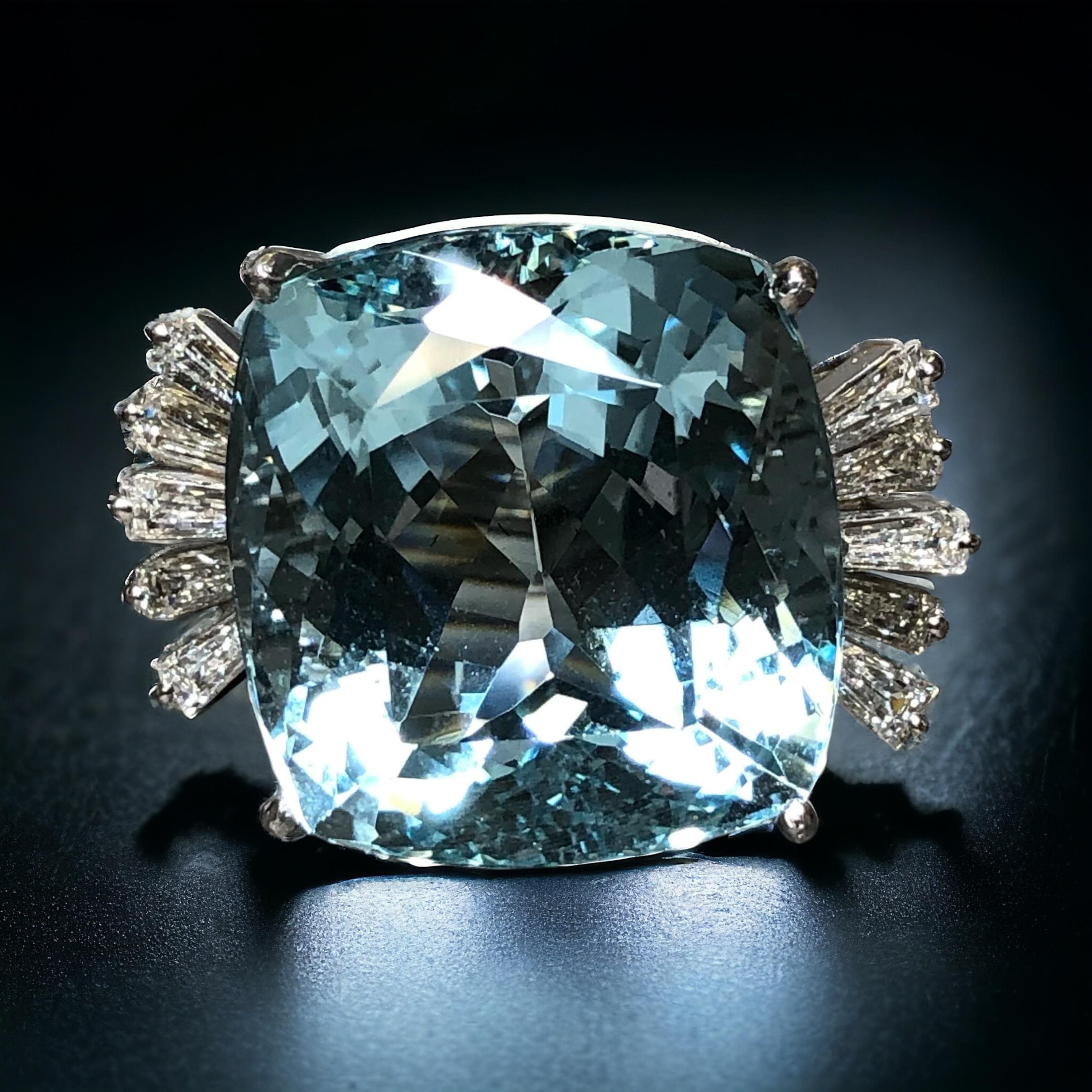 Estate 18K Cushion Aquamarine Baguette Diamond Large Cocktail Ring GIA 46.20ctw 9
