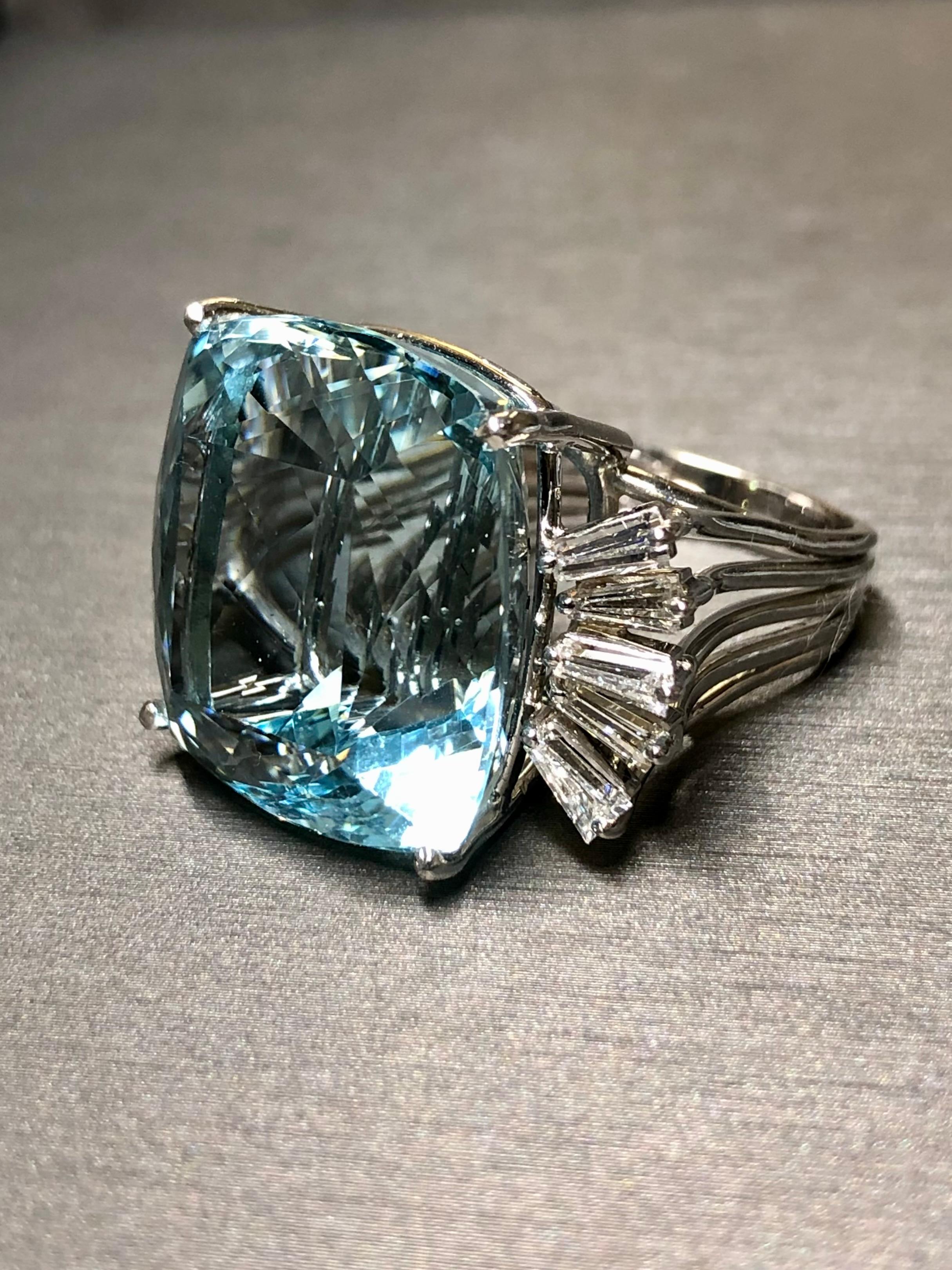 Contemporary Estate 18K Cushion Aquamarine Baguette Diamond Large Cocktail Ring GIA 46.20ctw