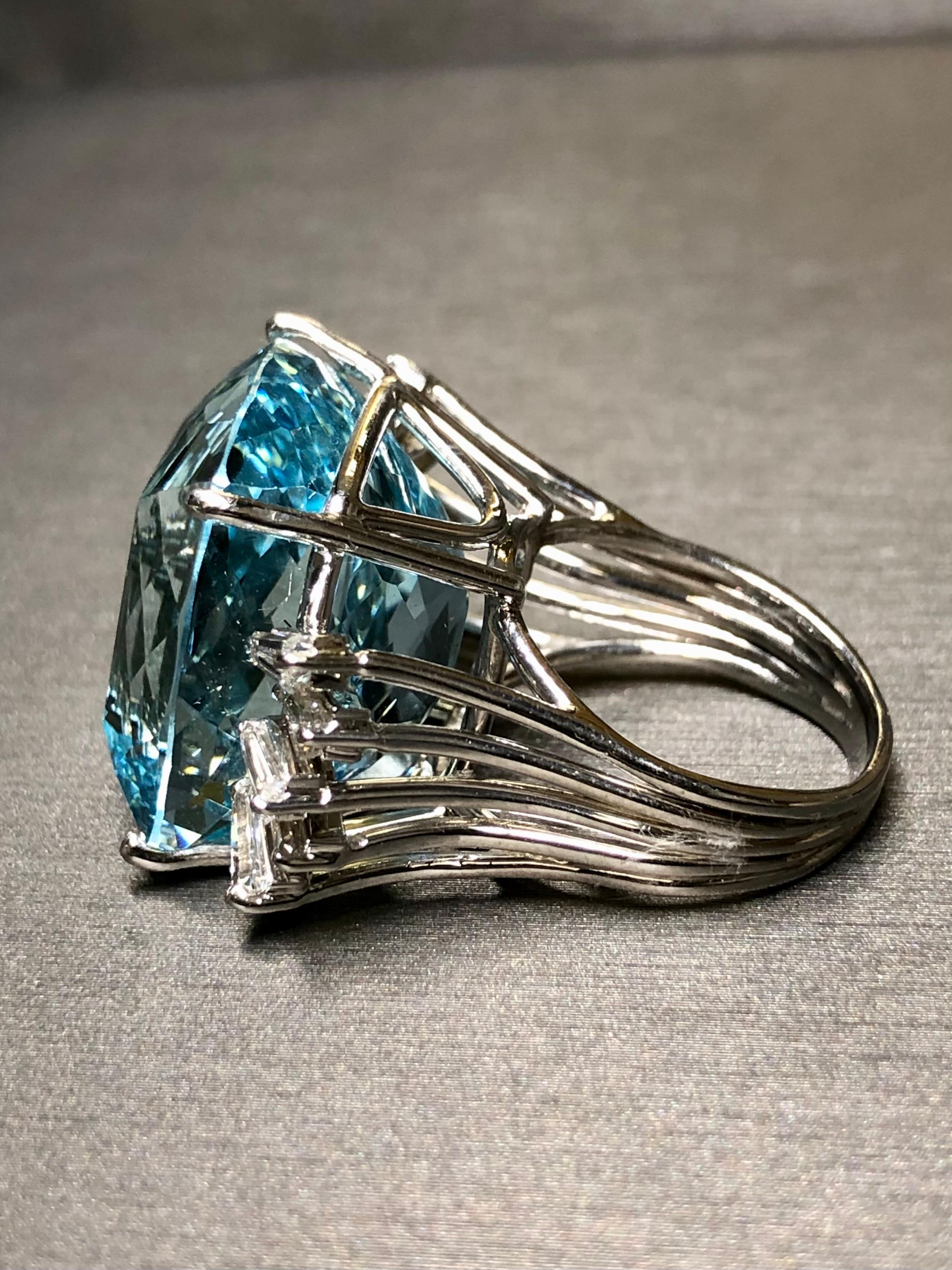 Cushion Cut Estate 18K Cushion Aquamarine Baguette Diamond Large Cocktail Ring GIA 46.20ctw
