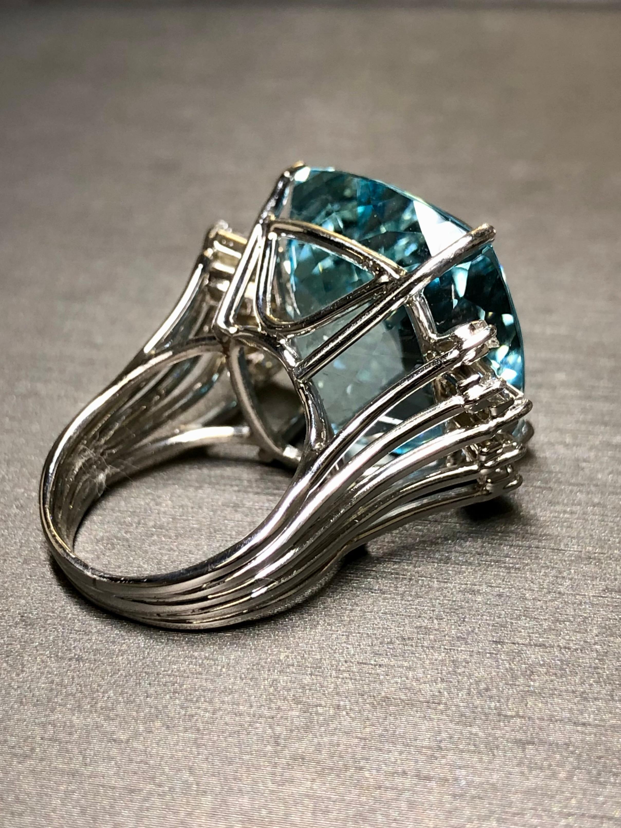 Women's or Men's Estate 18K Cushion Aquamarine Baguette Diamond Large Cocktail Ring GIA 46.20ctw