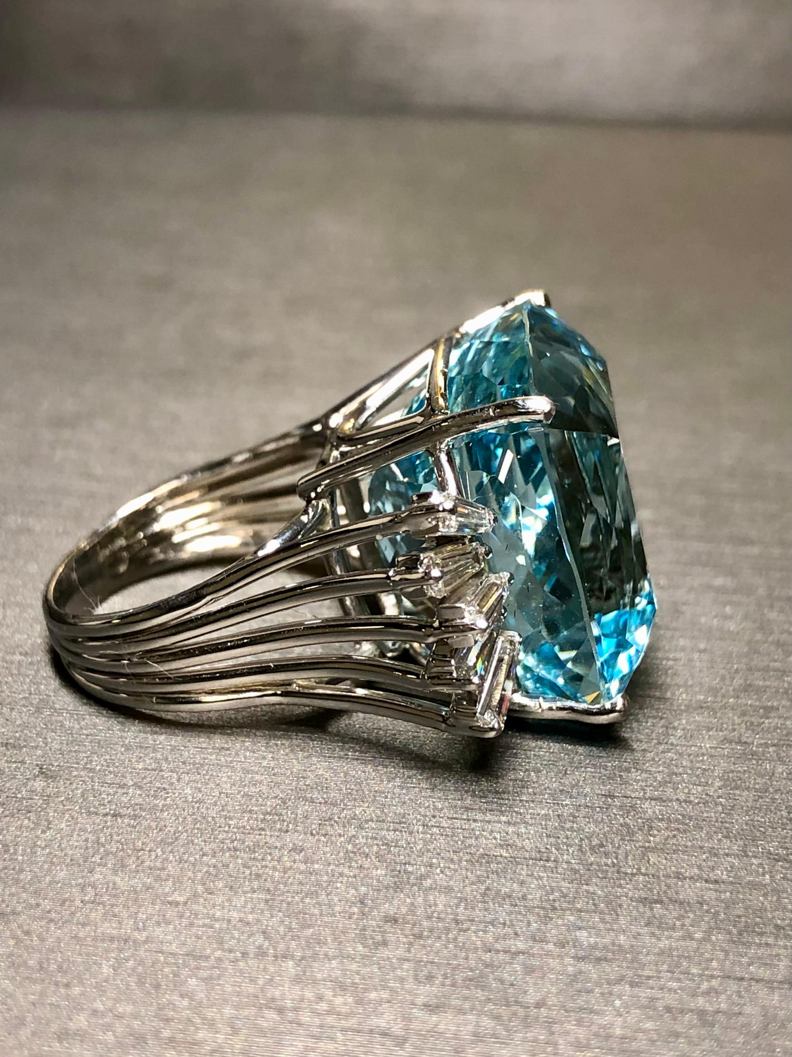 Estate 18K Cushion Aquamarine Baguette Diamond Large Cocktail Ring GIA 46.20ctw 1