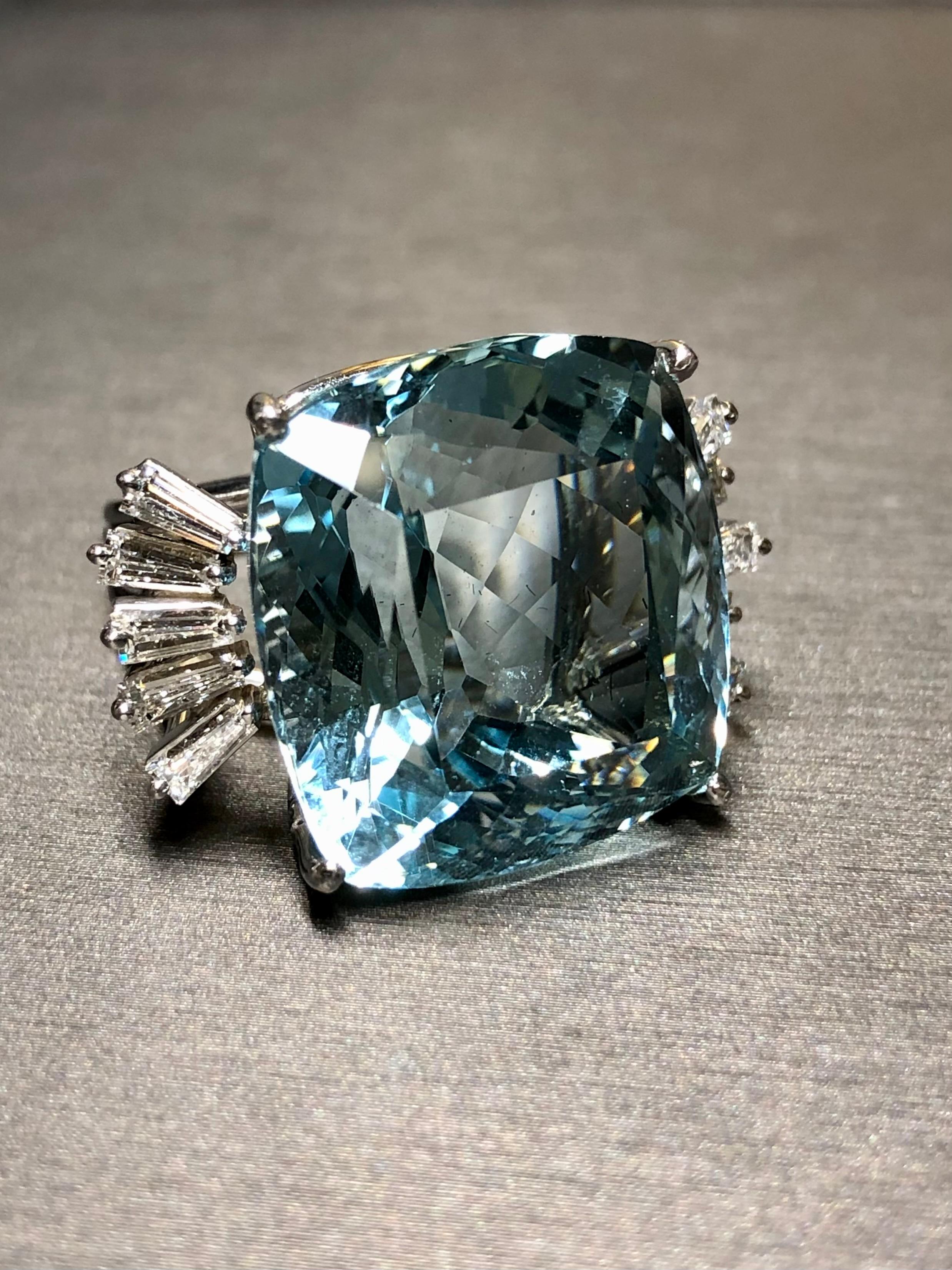 Estate 18K Cushion Aquamarine Baguette Diamond Large Cocktail Ring GIA 46.20ctw 2