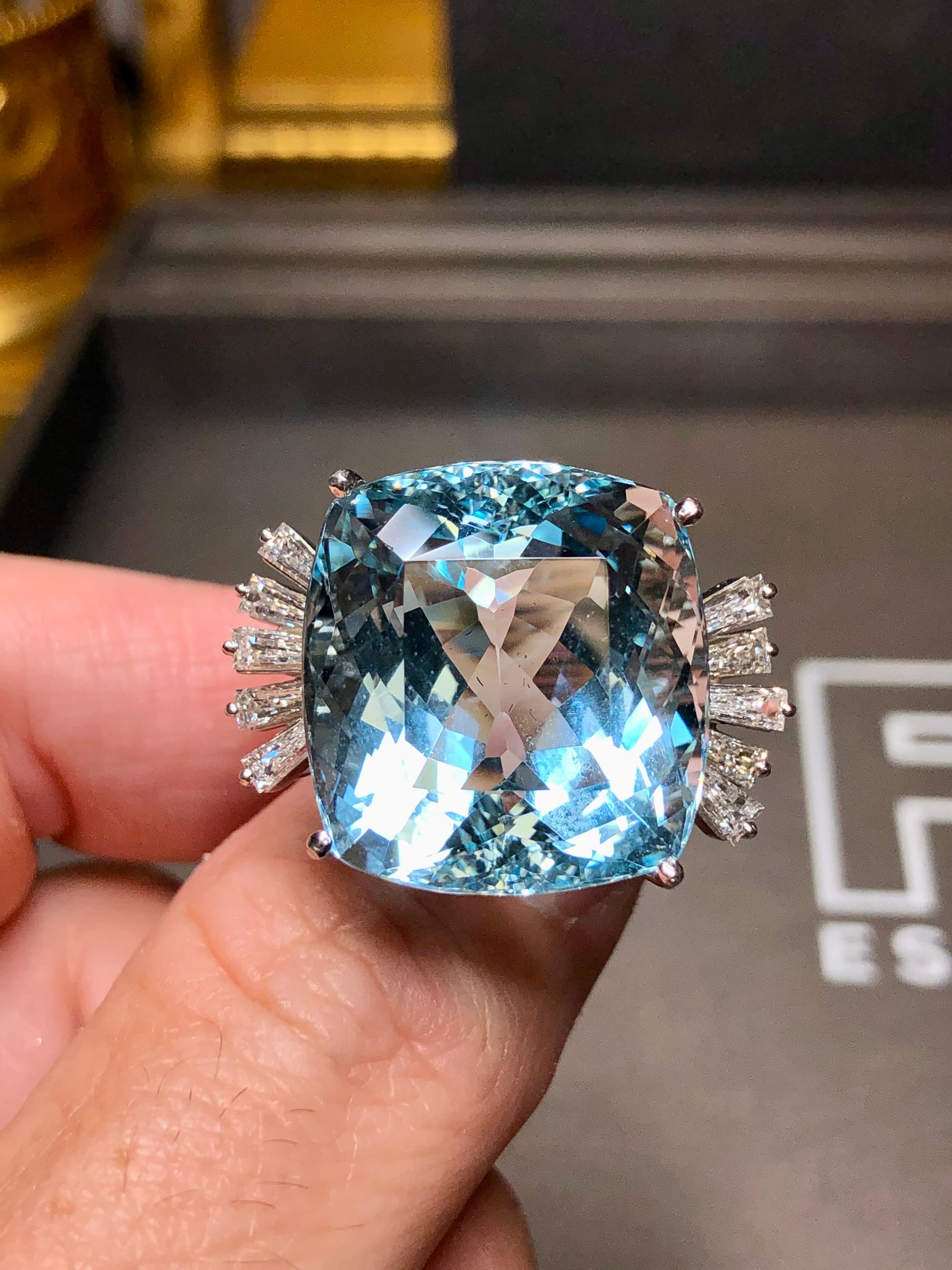 Estate 18K Cushion Aquamarine Baguette Diamond Large Cocktail Ring GIA 46.20ctw 3