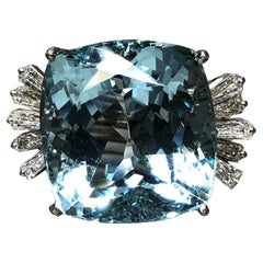 Estate 18K Cushion Aquamarine Baguette Diamond Large Cocktail Ring GIA 46.20ctw