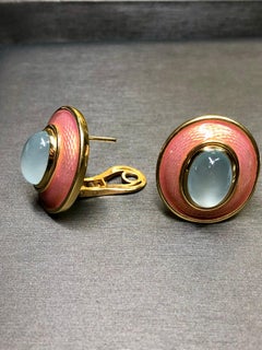 Estate 18K De Vroomen Cabochon Moonstone Enamel Huggie Earrings Omega Backs