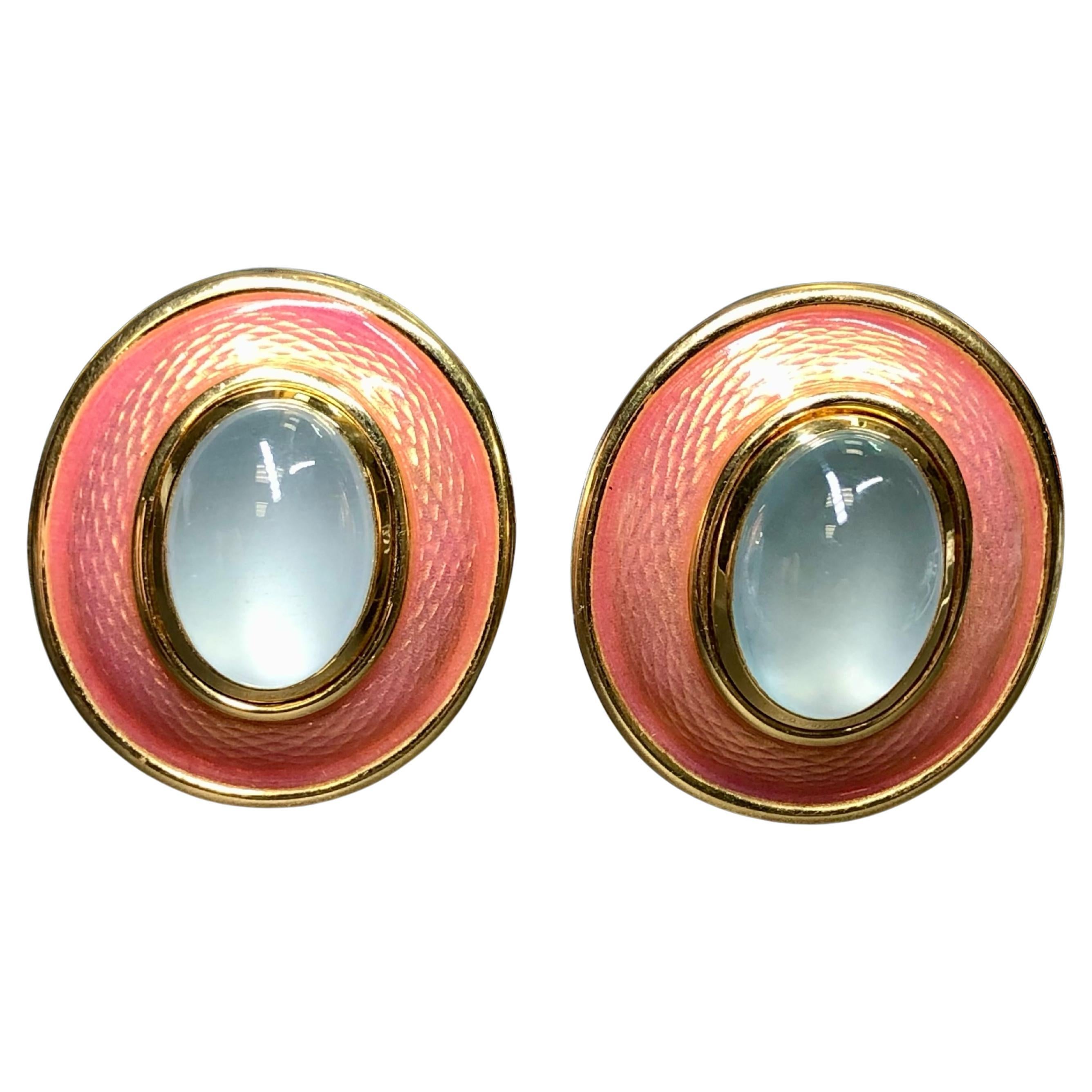 Estate 18K De Vroomen Cabochon Moonstone Enamel Huggie Earrings Omega Backs
