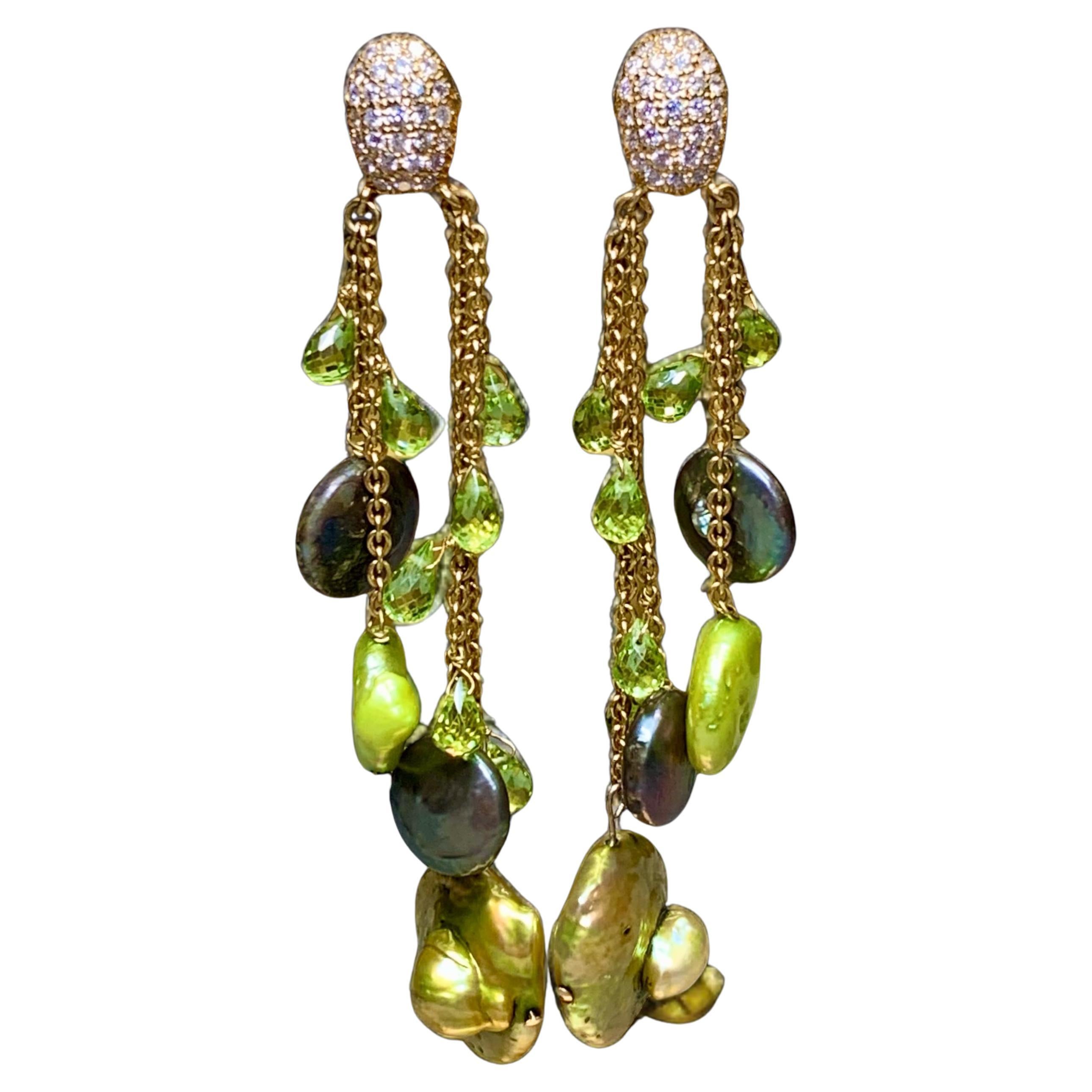 Estate 18K Diamond Briolette Peridot Green Button Pearl Dangle Drop Earrings