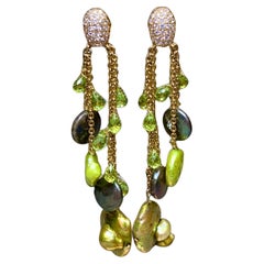 Estate 18K Diamond Briolette Peridot Green Button Pearl Dangle Drop Earrings