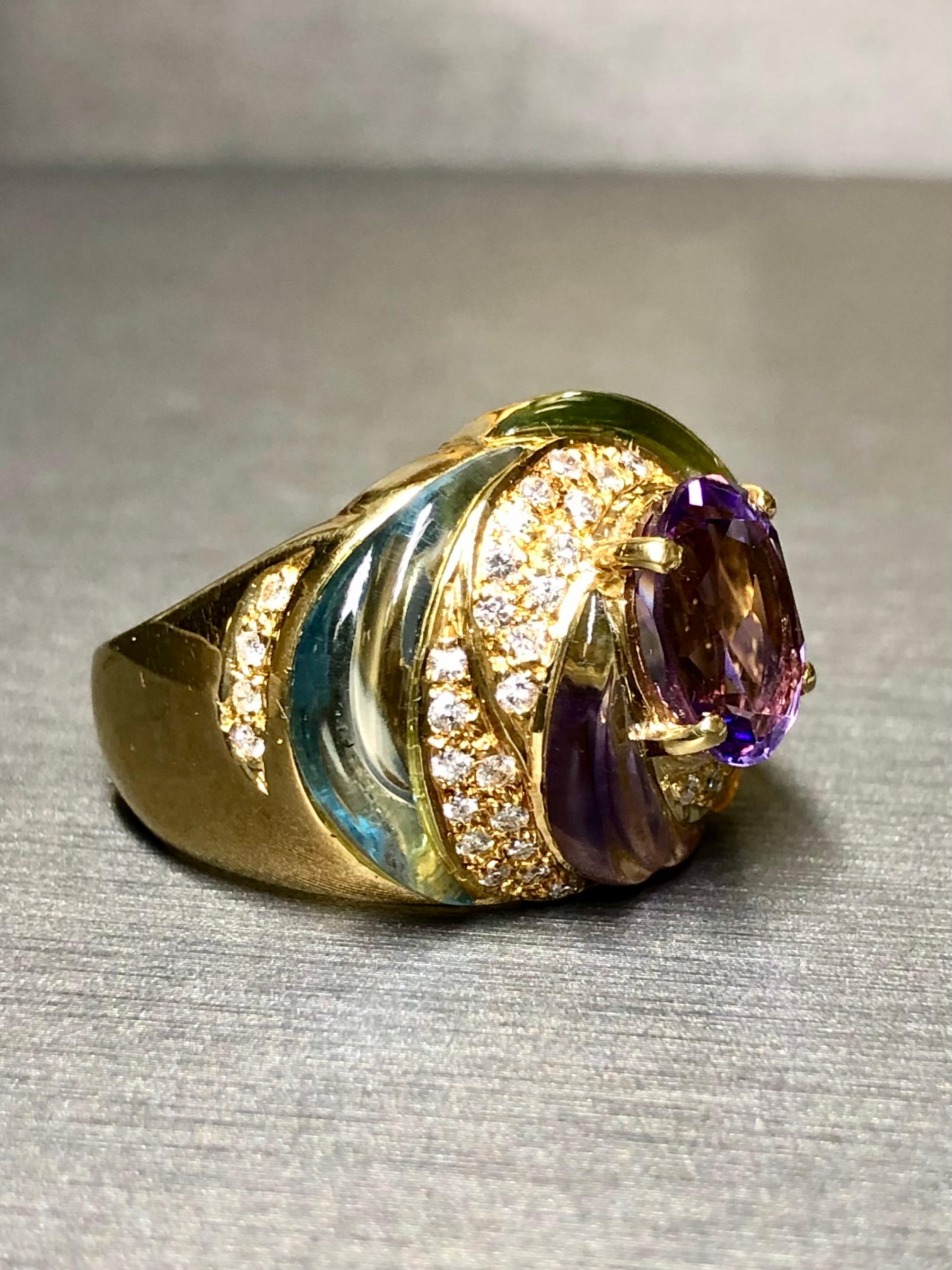 Estate 18K diamante tallado aguamarina peridoto amatista cúpula cóctel anillo Sz 7.5 Contemporáneo en venta