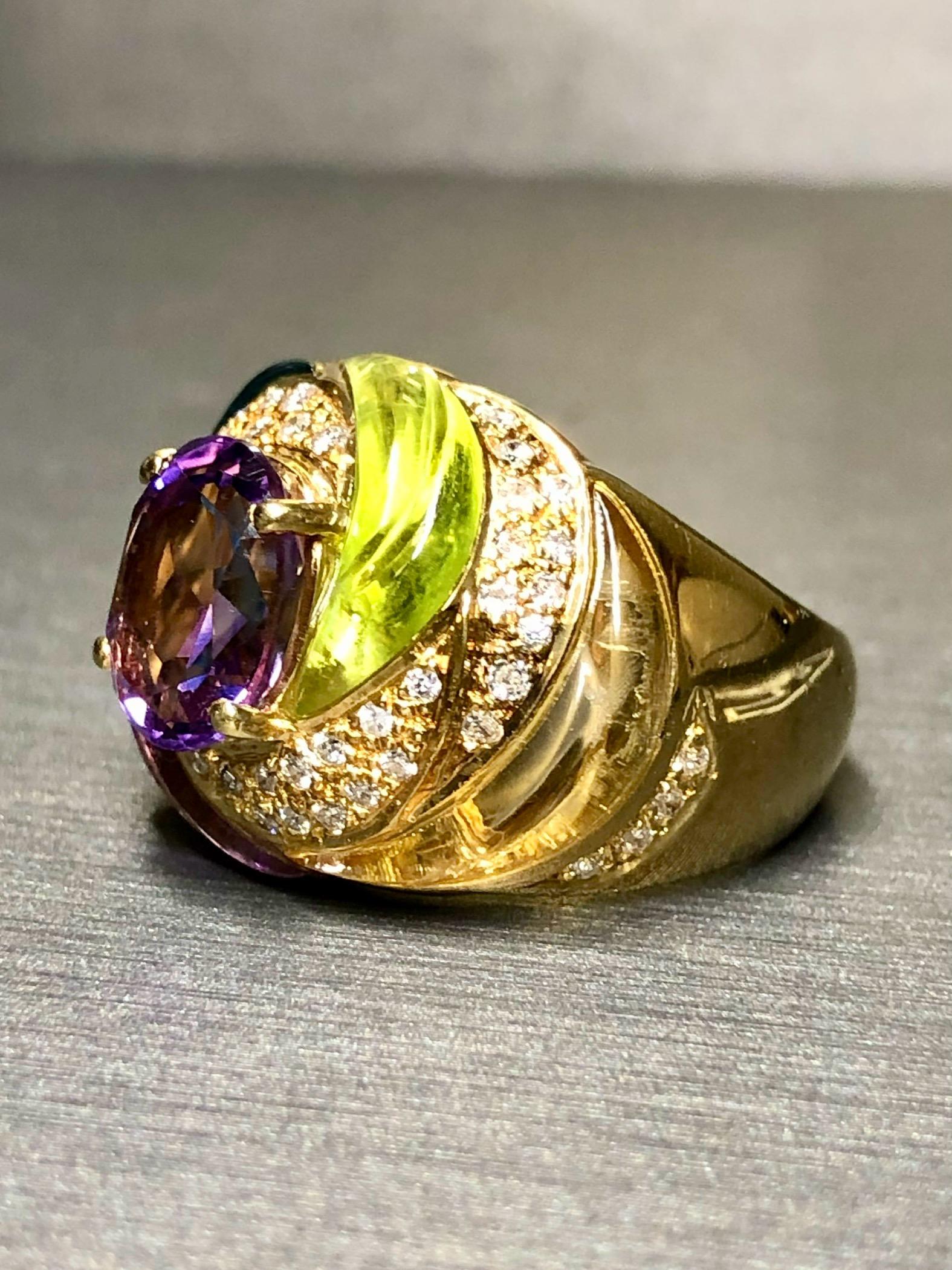 Estate 18K diamante tallado aguamarina peridoto amatista cúpula cóctel anillo Sz 7.5 Corte oval en venta