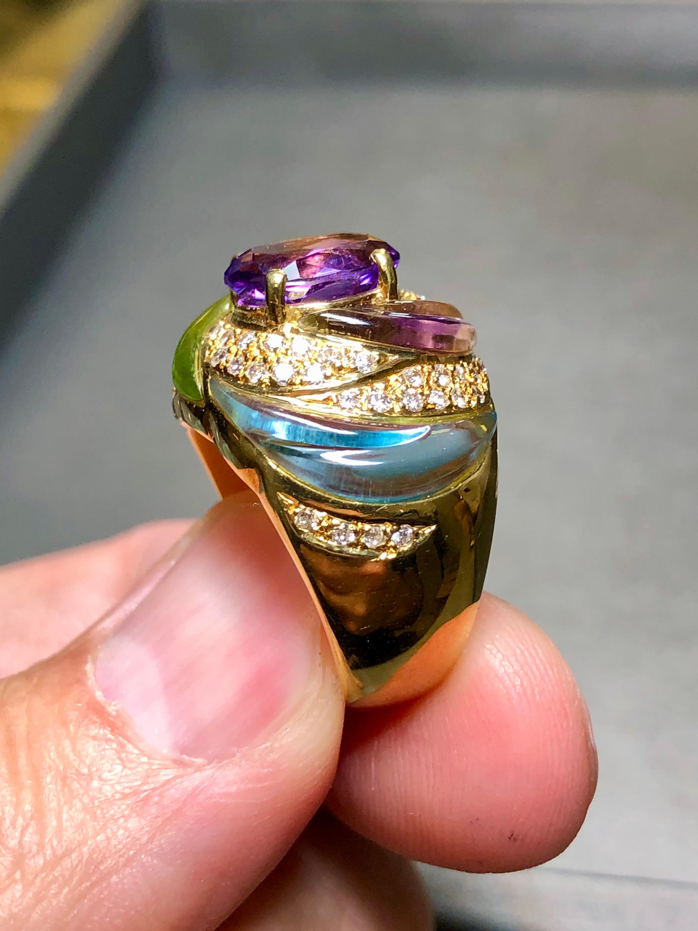 Estate 18K diamante tallado aguamarina peridoto amatista cúpula cóctel anillo Sz 7.5 en venta 1