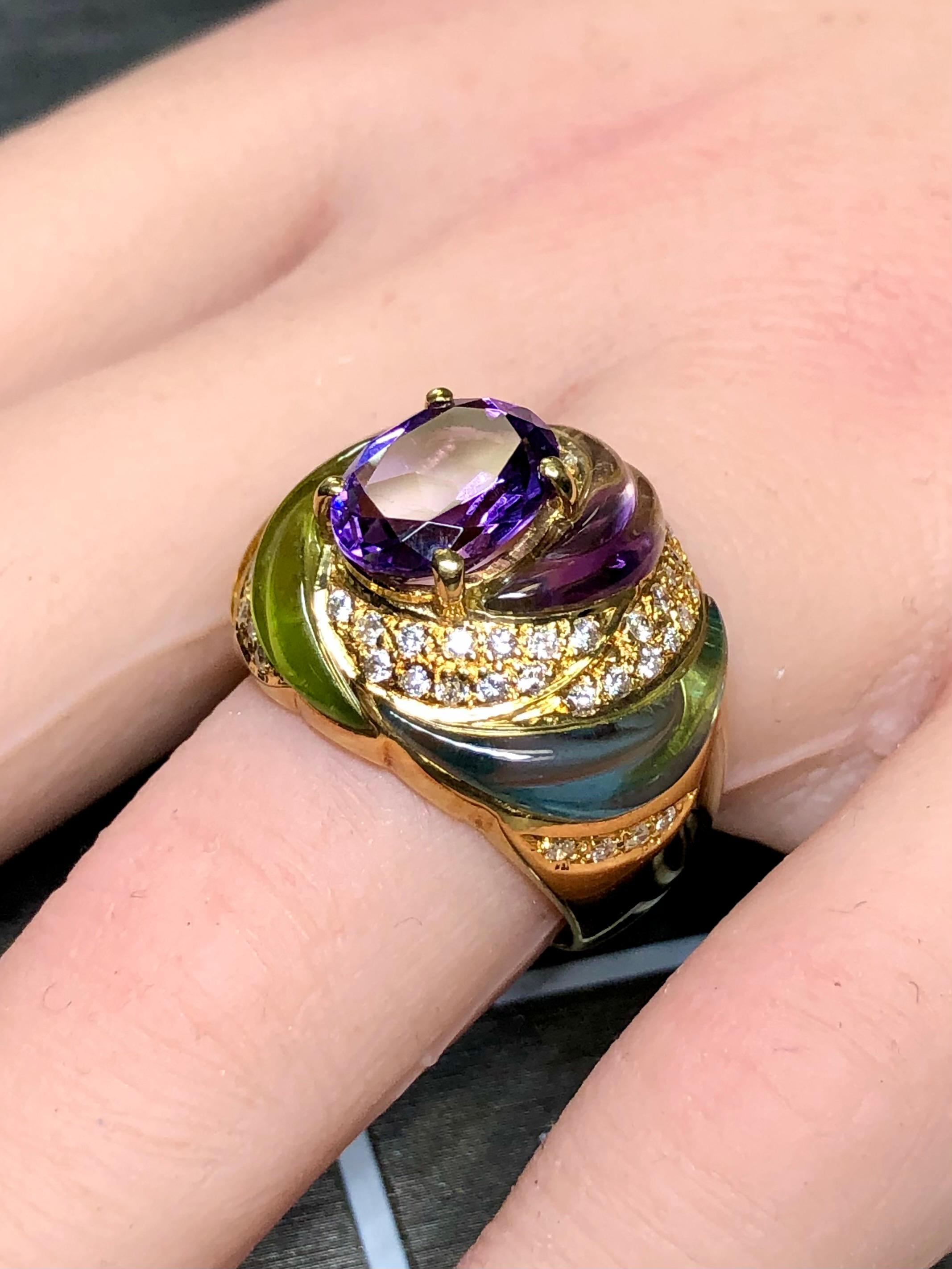 Estate 18K diamante tallado aguamarina peridoto amatista cúpula cóctel anillo Sz 7.5 en venta 2