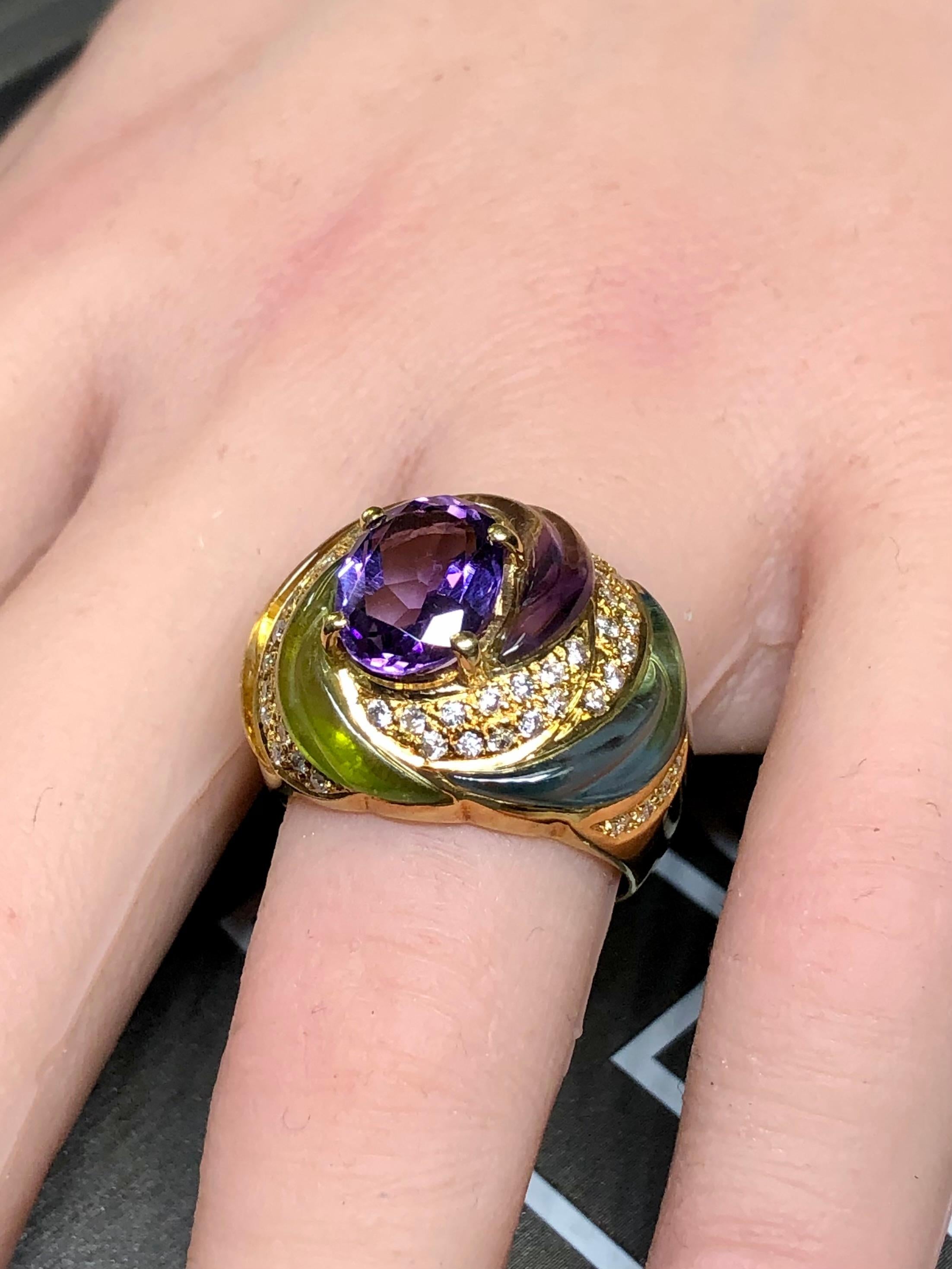 Estate 18K diamante tallado aguamarina peridoto amatista cúpula cóctel anillo Sz 7.5 en venta 3
