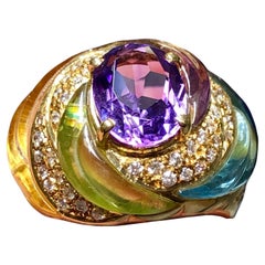Estate 18K diamante tallado aguamarina peridoto amatista cúpula cóctel anillo Sz 7.5