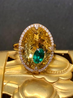 Estate 18K Diamond Emerald Citrine Cocktail Ring Sz 6.5 9.46cttw