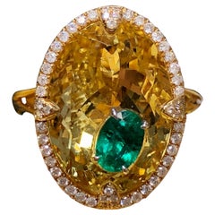 Estate 18K Diamond Emerald Citrine Cocktail Ring Sz 6.5 9.46cttw