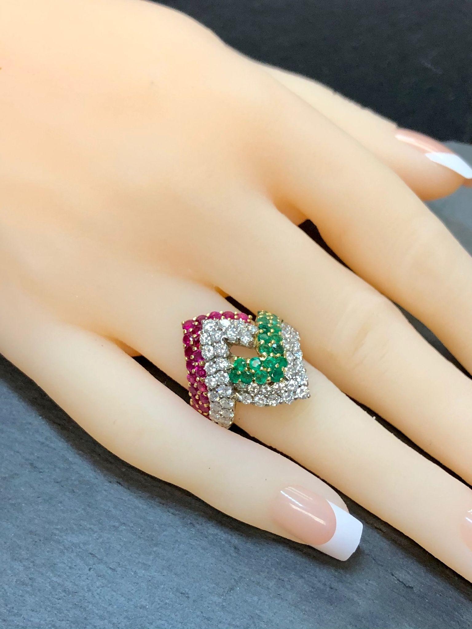 Estate 18K Diamond Emerald Ruby Italian Chevron Ring 4.88cttw Sz 6 In Good Condition For Sale In Winter Springs, FL