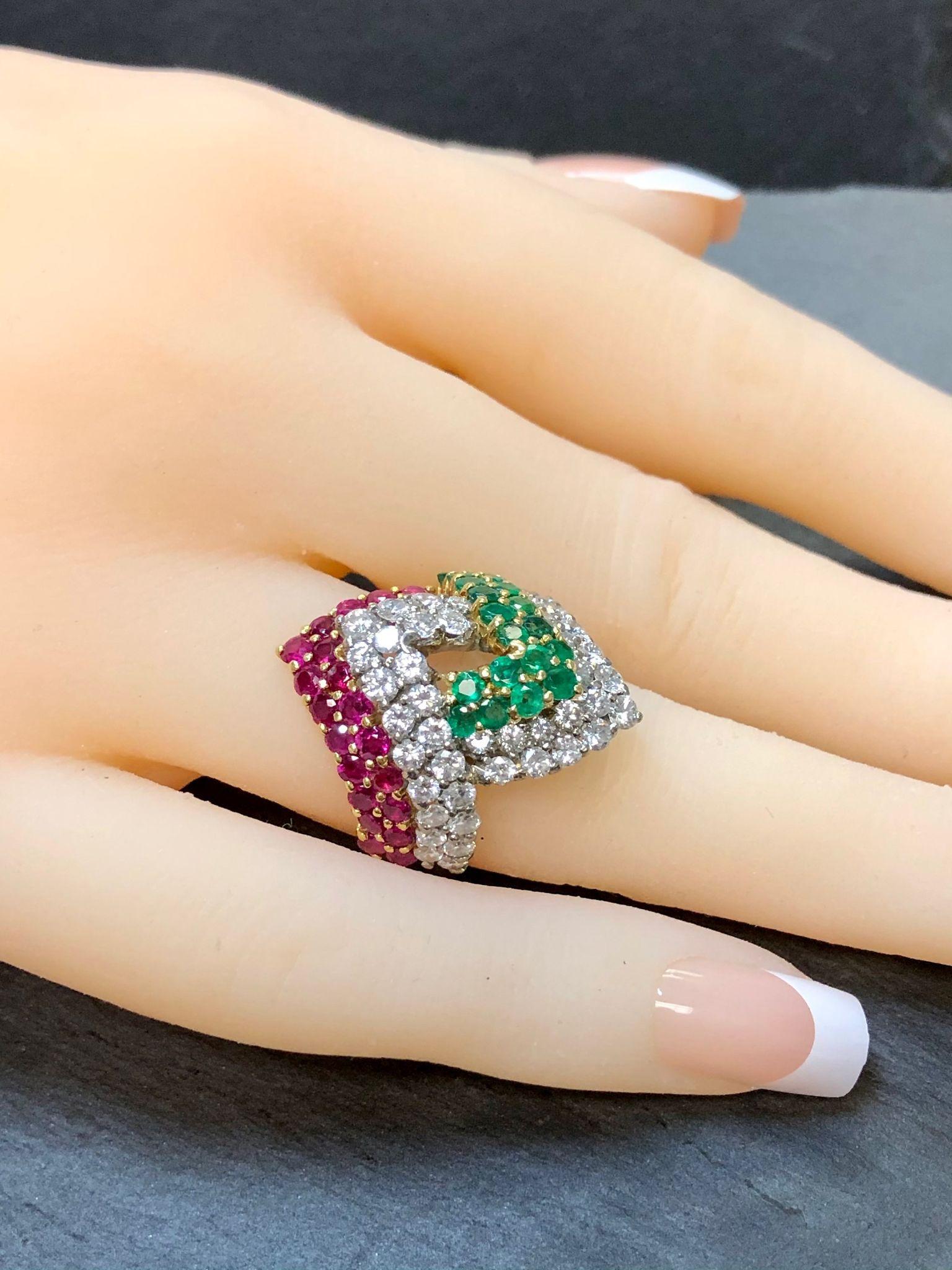 Women's Estate 18K Diamond Emerald Ruby Italian Chevron Ring 4.88cttw Sz 6 For Sale
