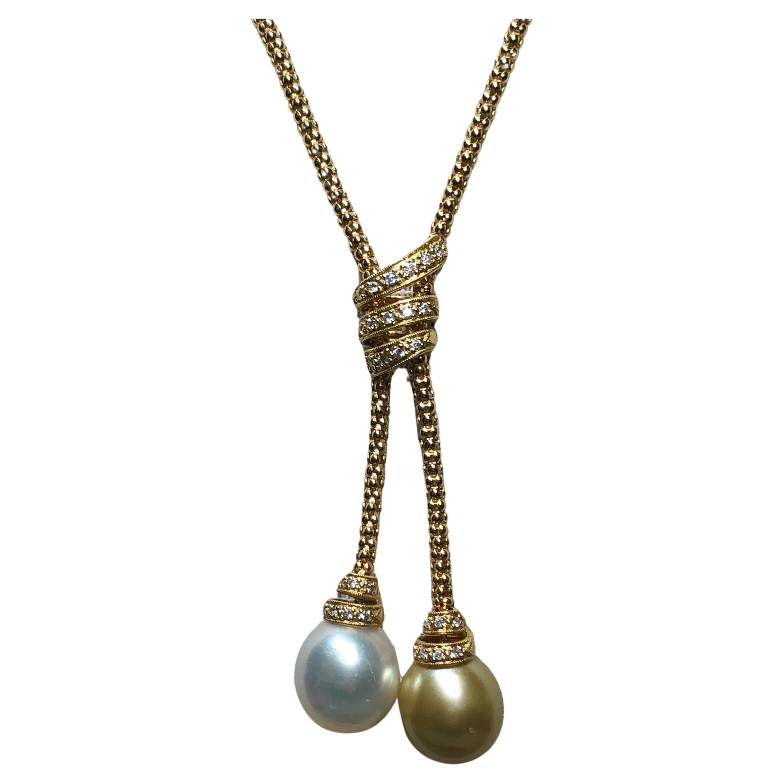 Estate 18k Diamond Gold South Sea Pearl Lariat Necklace For Sale at 1stDibs