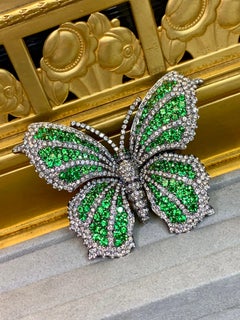 Estate 18K Diamond & Green Tsavorite Garnet Large Butterfly Brooch 18.50ctw