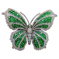 Estate 18K Diamond & Green Tsavorite Garnet Large Butterfly Brooch 18.50ctw