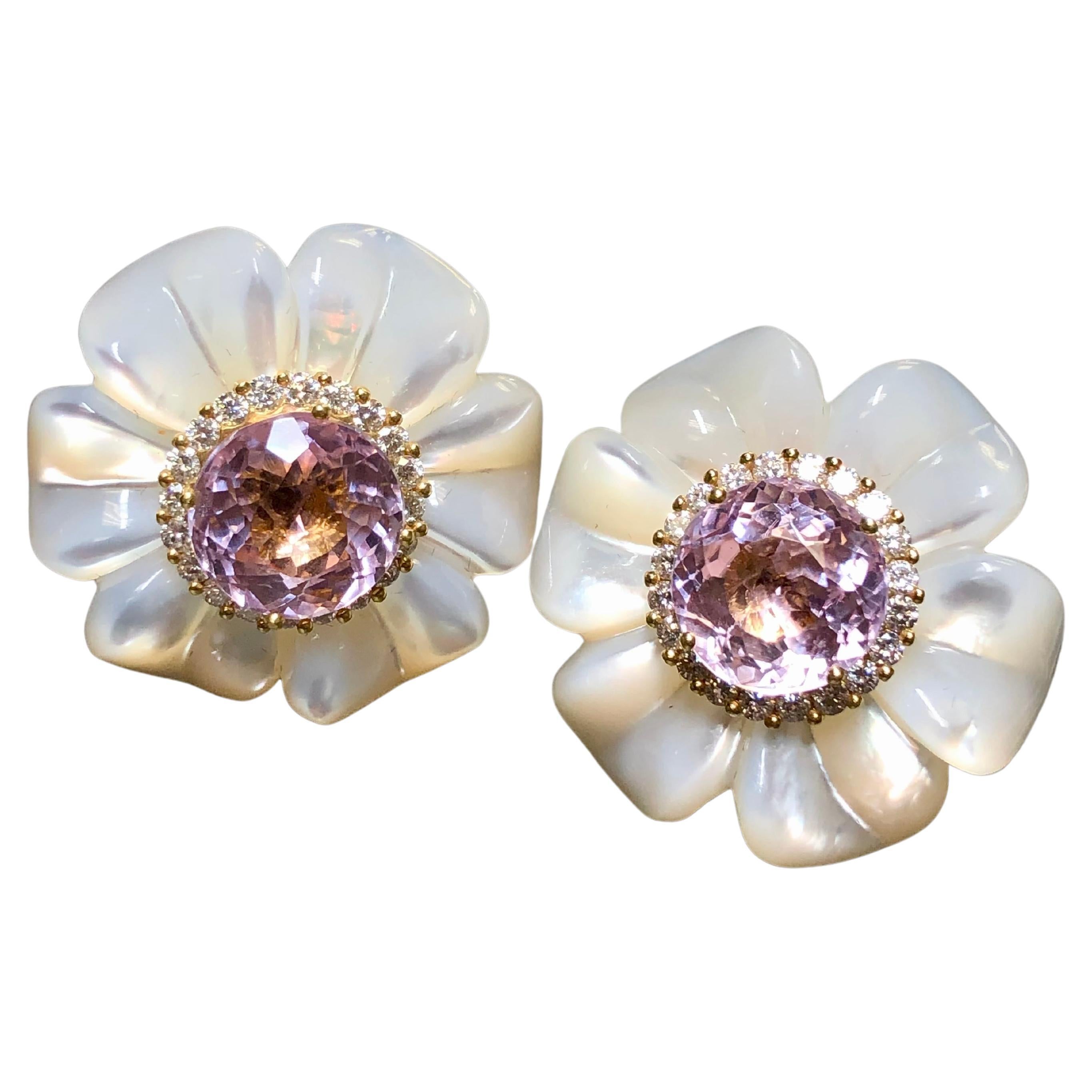 Estate 18K Diamond Kunzite Mother Of Pearl Omega Back Flower Huggie Earrings