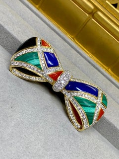 Estate 18K Diamond Lapis Onyx Coral Malachite Bow Brooch Pendant 7ctw G Vs