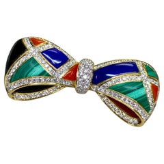 Estate 18K Diamond Lapis Onyx Coral Malachite Bow Brooch Pendant 7ctw G Vs