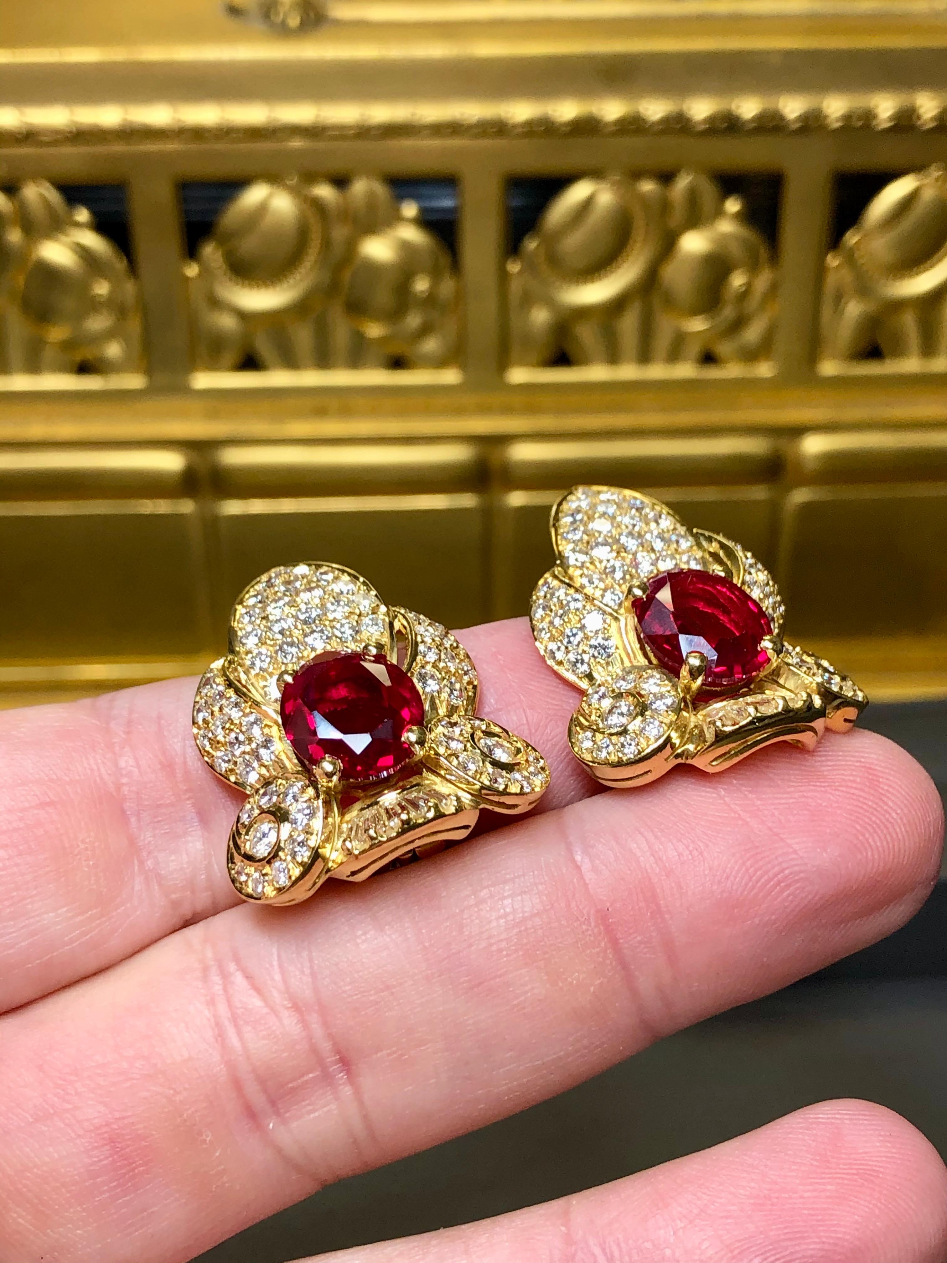 Estate 18K Diamond Oval Ruby Ear Clips 15.50cttw G Vs Omega Back Huggie Earrings For Sale 4