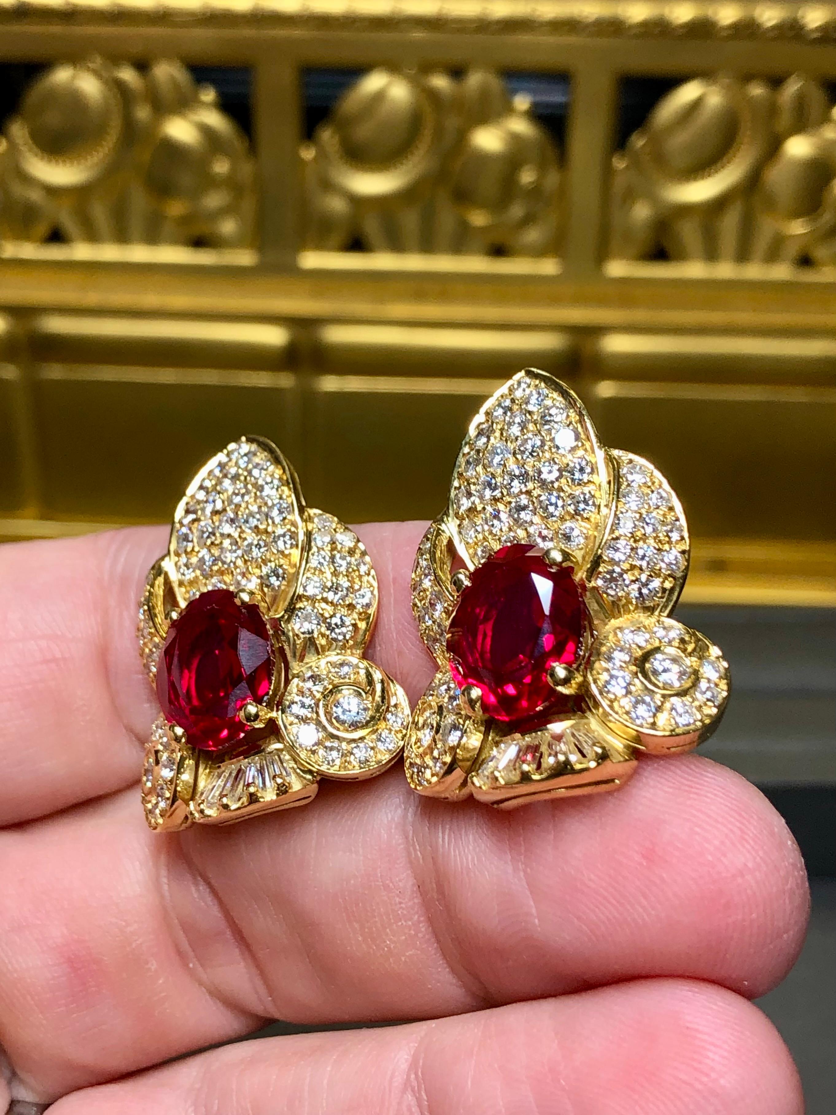 Estate 18K Diamond Oval Ruby Ear Clips 15.50cttw G Vs Omega Back Huggie Earrings For Sale 5