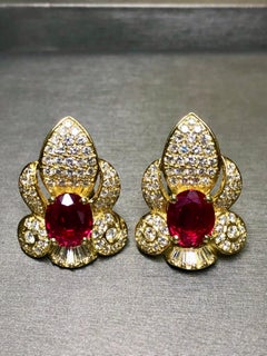 Estate 18K Diamond Oval Ruby Ear Clips 15.50cttw G Vs Omega Back Huggie Earrings