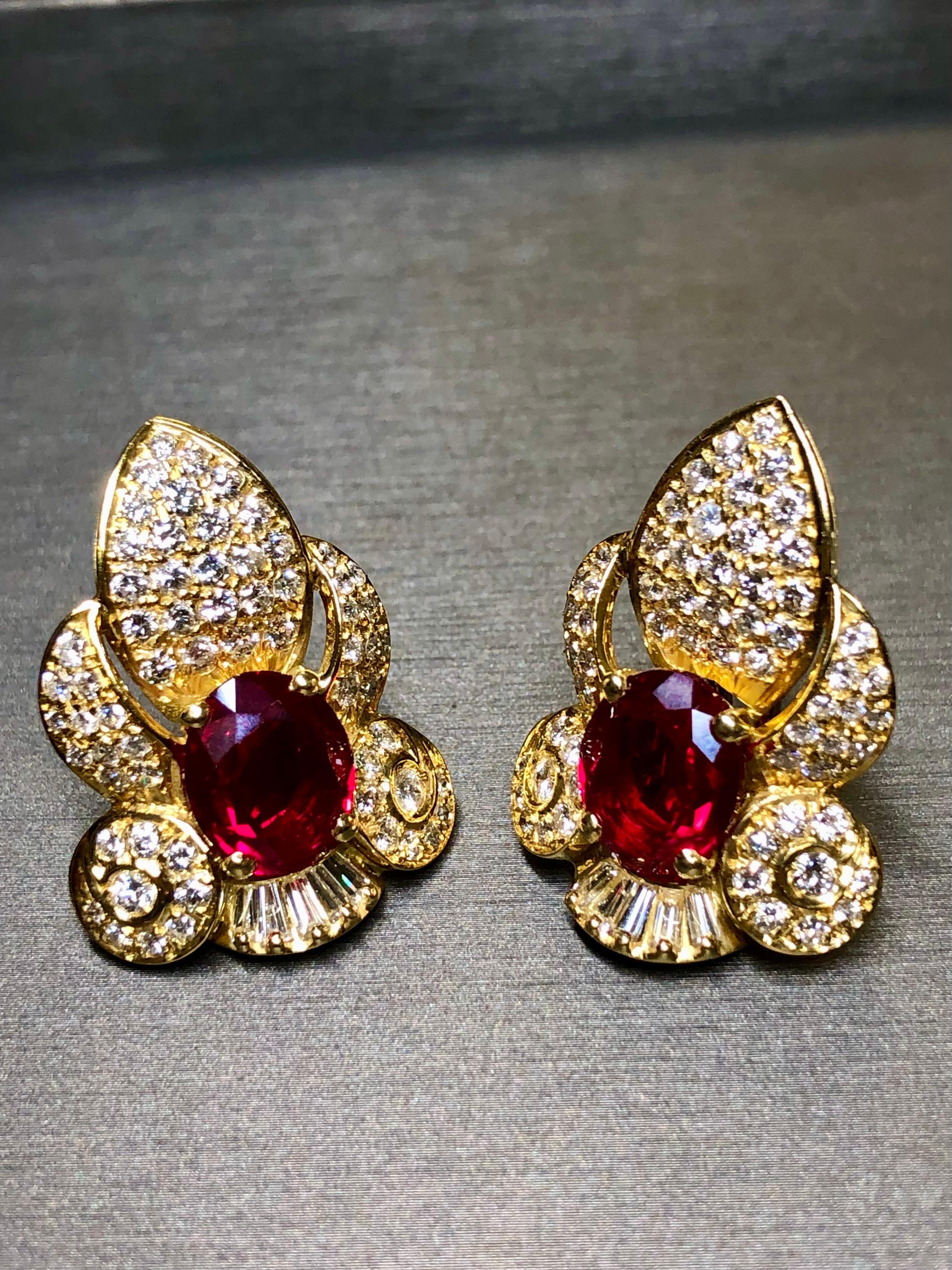 Contemporary Estate 18K Diamond Oval Ruby Ear Clips 15.50cttw G Vs Omega Back Huggie Earrings For Sale